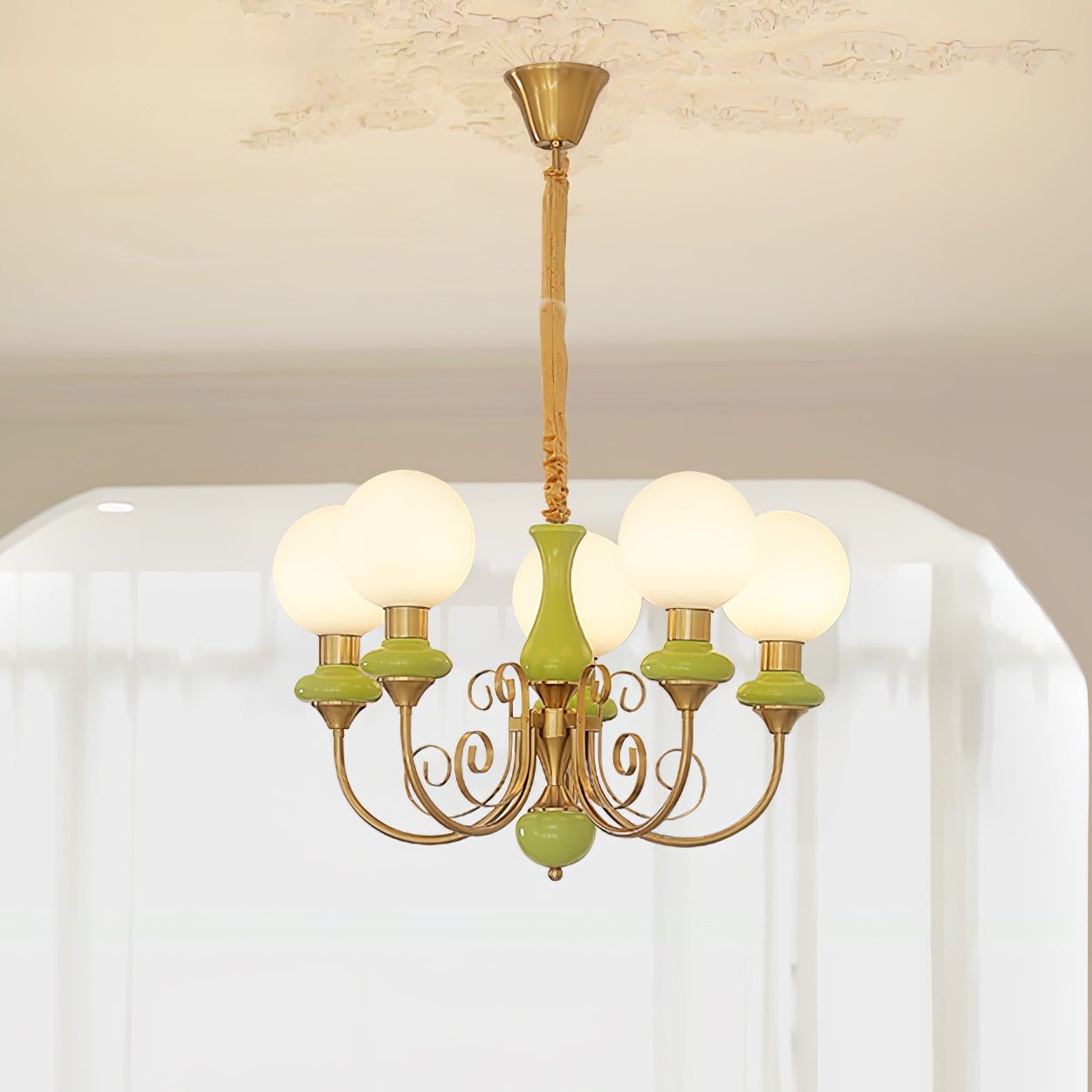 Lustra Chandelier Green Shades Gold Curved Arms - Letslighting