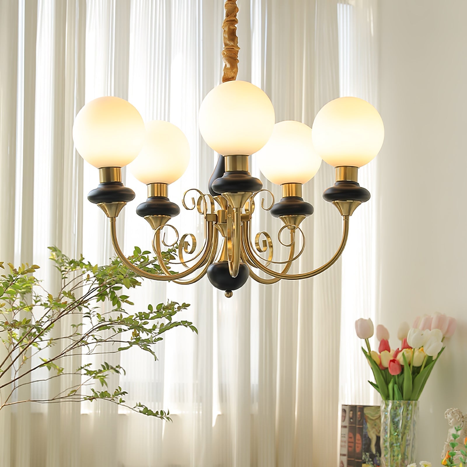 Lustra Chandelier Green Shades Gold Curved Arms - Letslighting