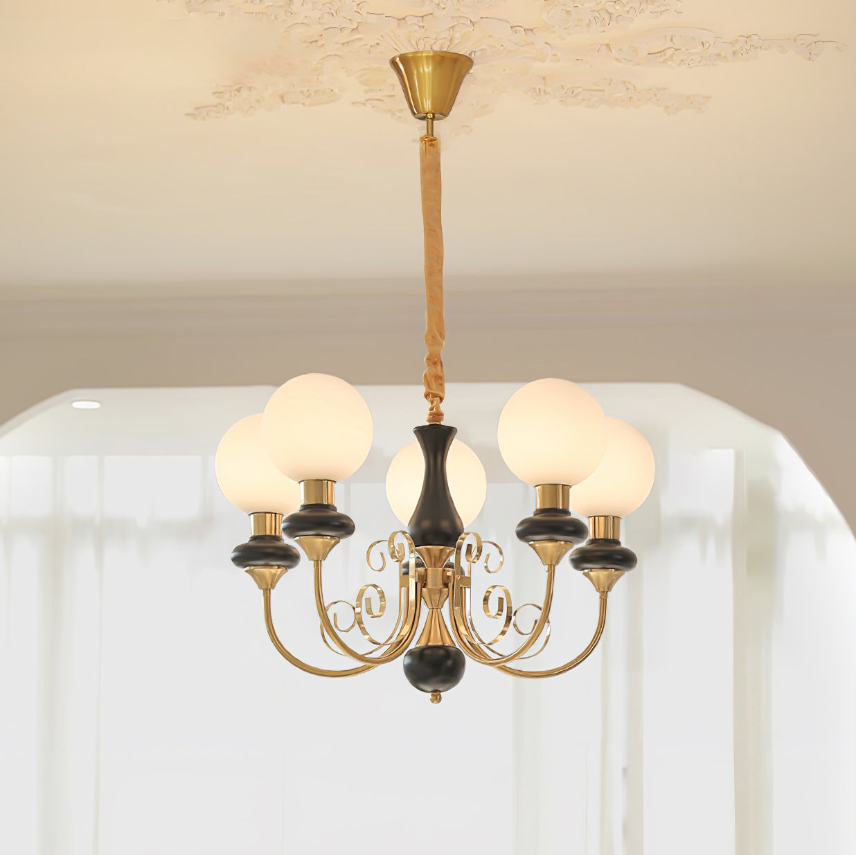 Lustra Chandelier Green Shades Gold Curved Arms - Letslighting