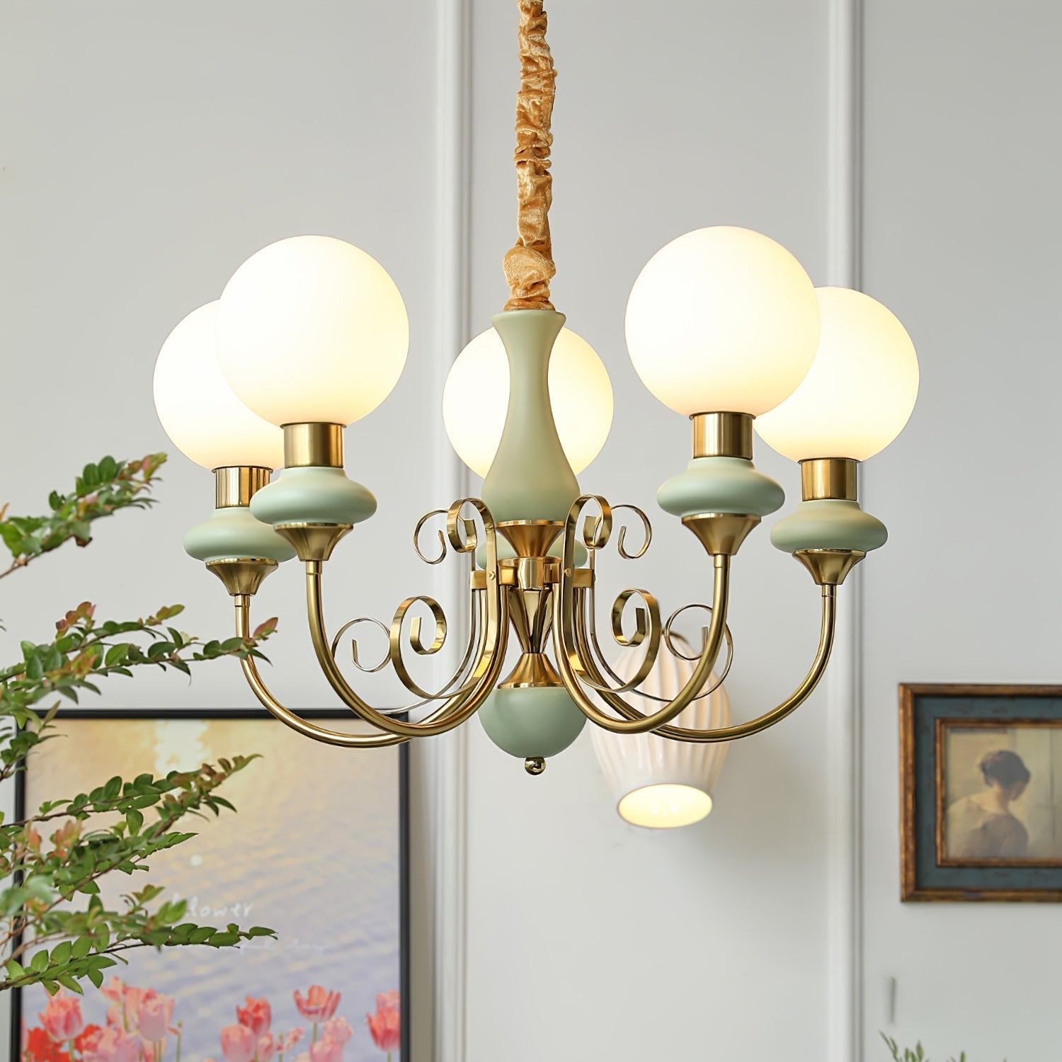 Lustra Chandelier Green Shades Gold Curved Arms - Letslighting