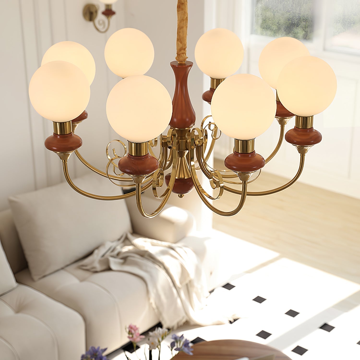 Lustra Chandelier Green Shades Gold Curved Arms - Letslighting