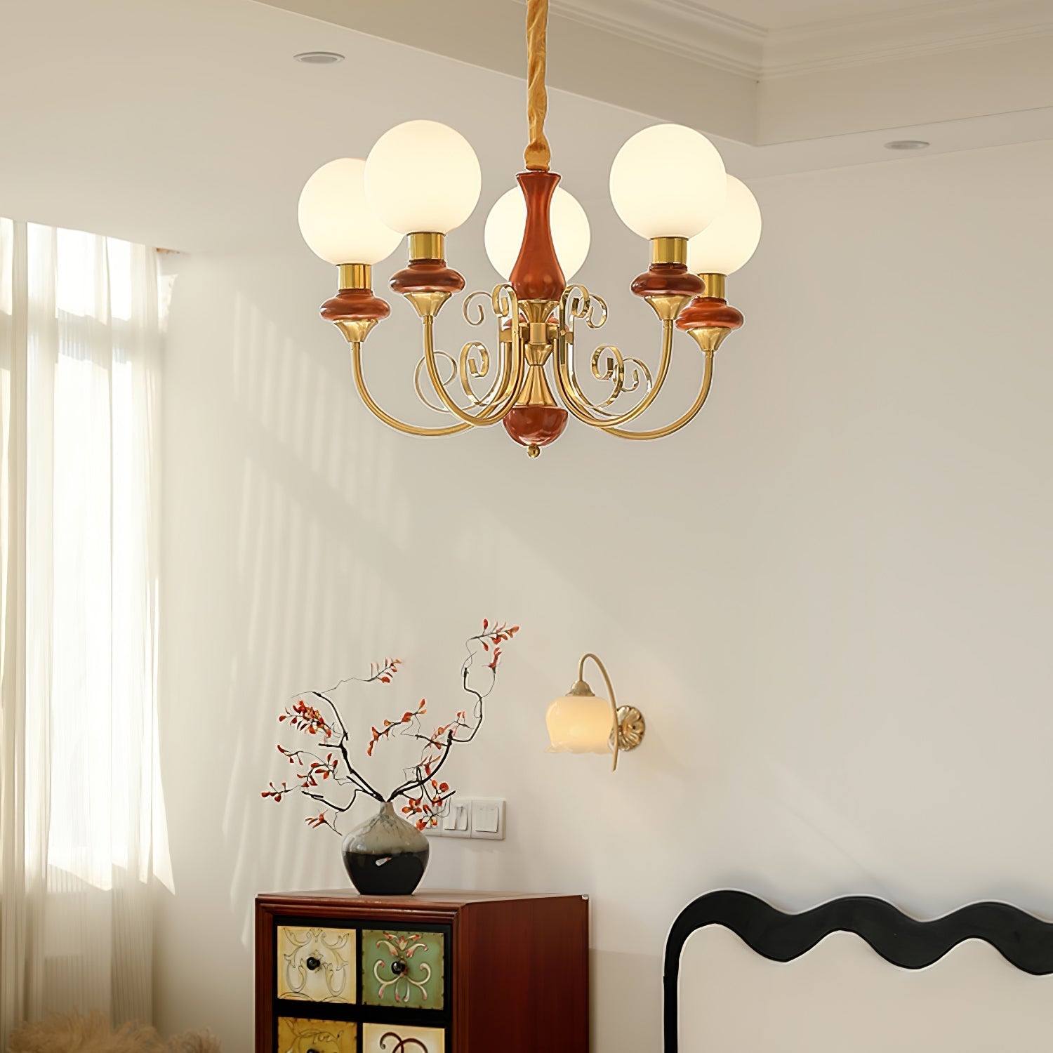 Lustra Chandelier Green Shades Gold Curved Arms - Letslighting