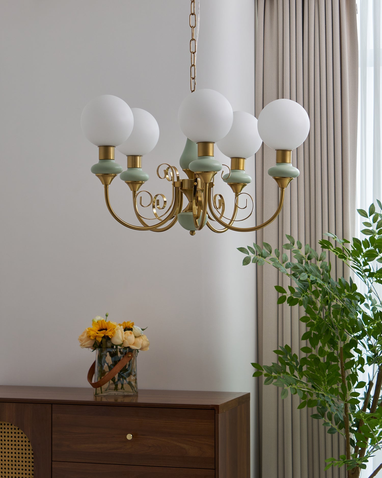 Lustra Chandelier Green Shades Gold Curved Arms - Letslighting