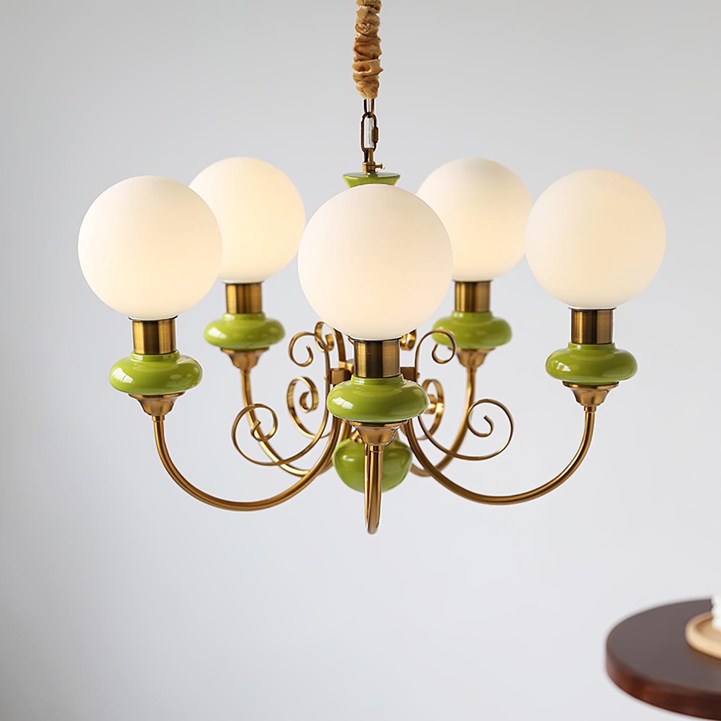Lustra Chandelier Green Shades Gold Curved Arms - Letslighting