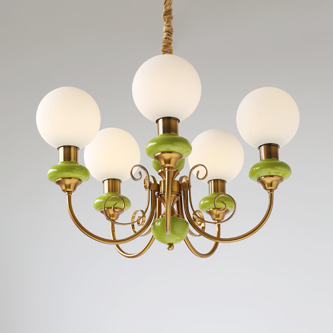 Lustra Chandelier Green Shades Gold Curved Arms - Letslighting