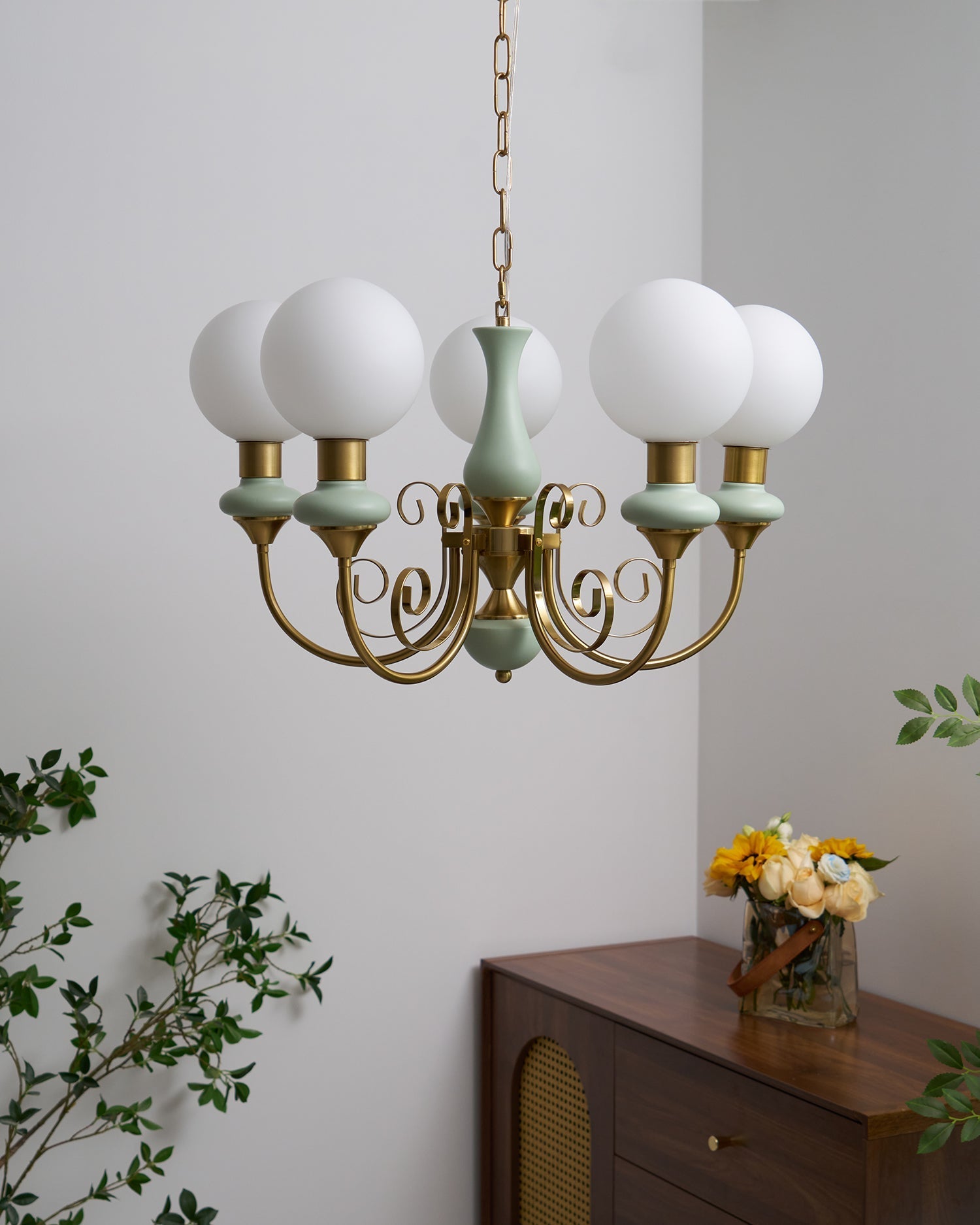Lustra Chandelier Green Shades Gold Curved Arms - Letslighting