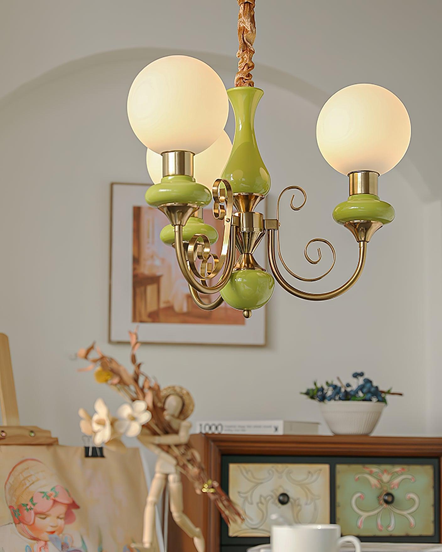 Lustra Chandelier Green Shades Gold Curved Arms - Letslighting