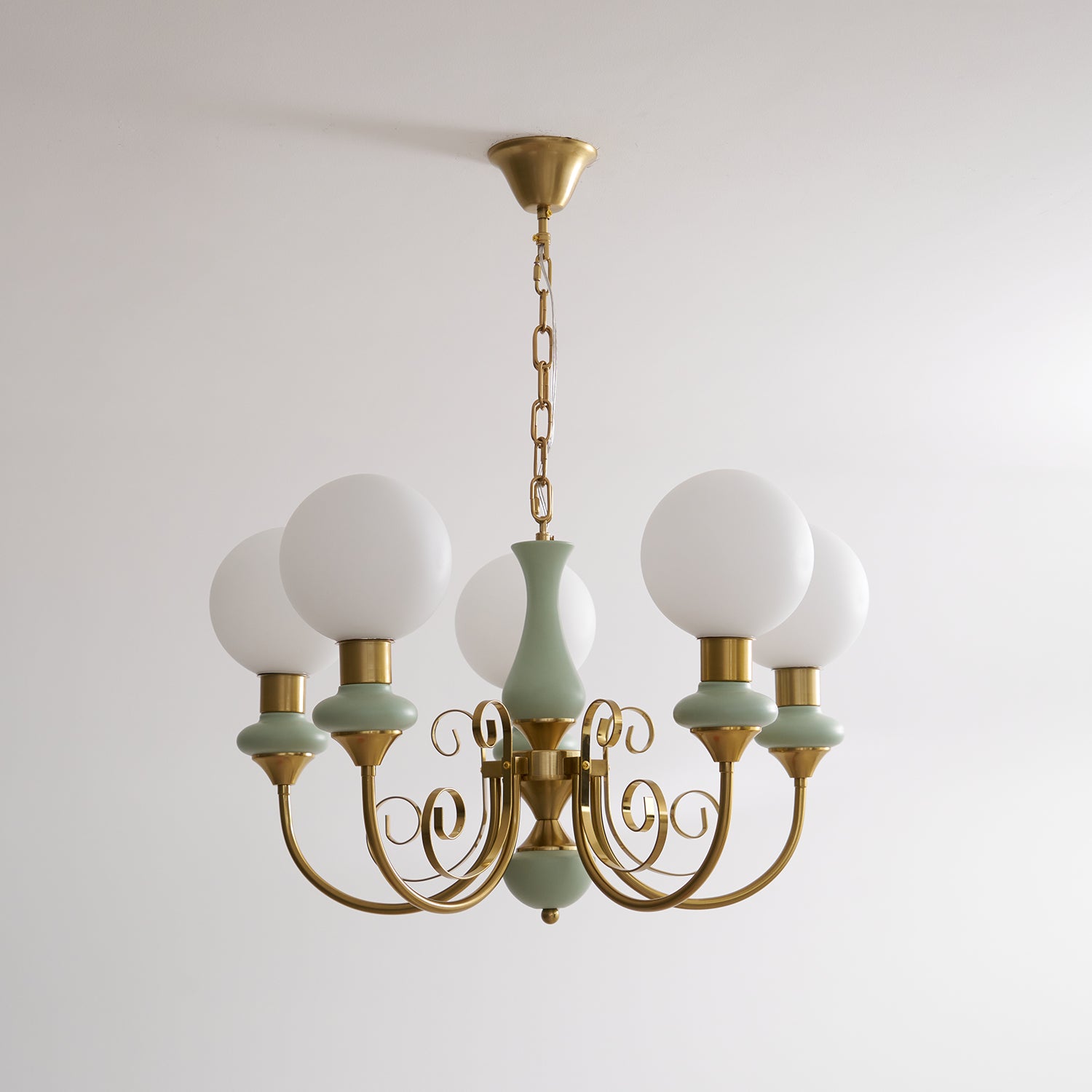 Lustra Chandelier Green Shades Gold Curved Arms - Letslighting