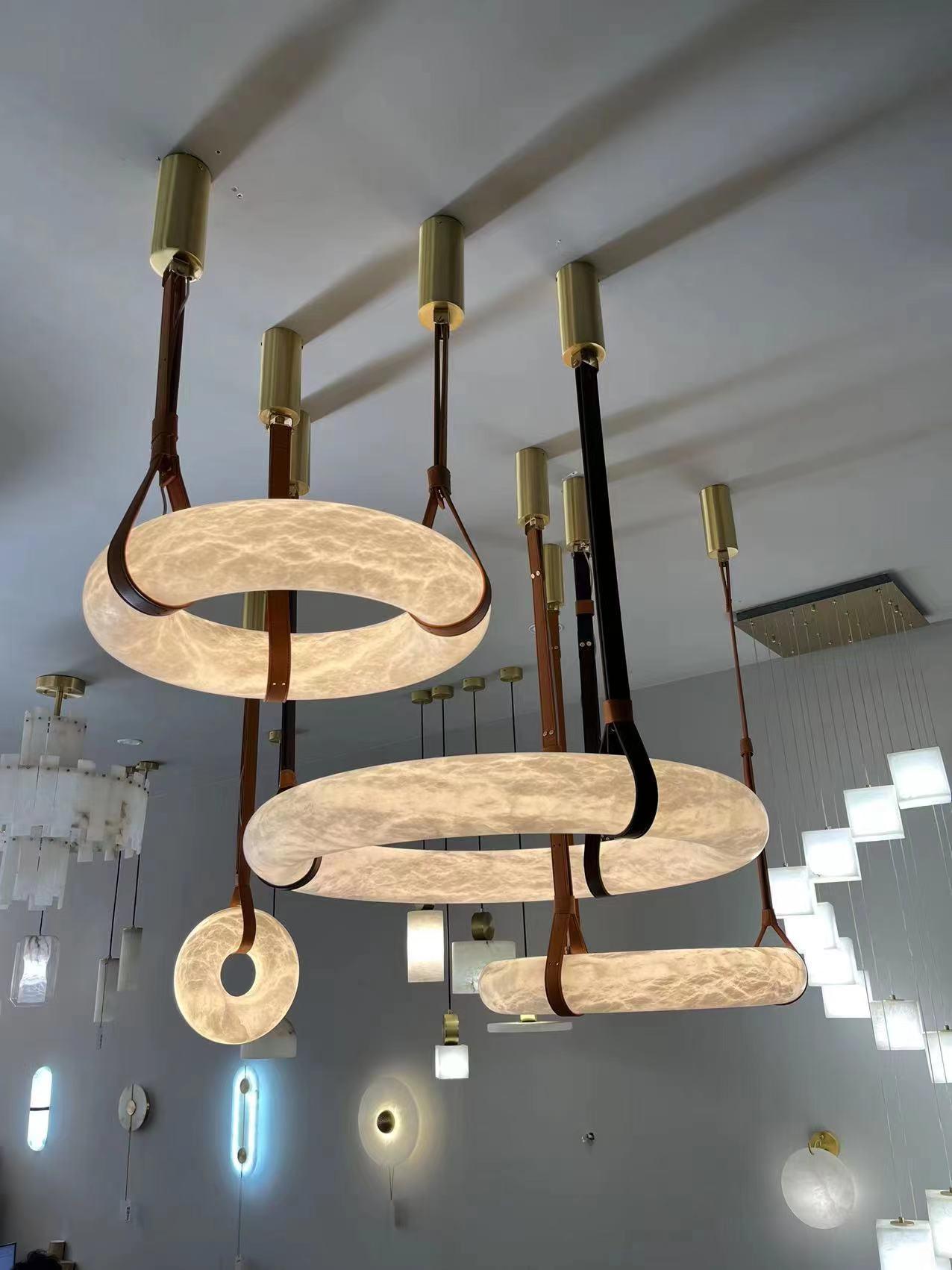 Pendant Lamp Alabaster Ring Triple Leather Straps Nordic Luxe - Letslighting