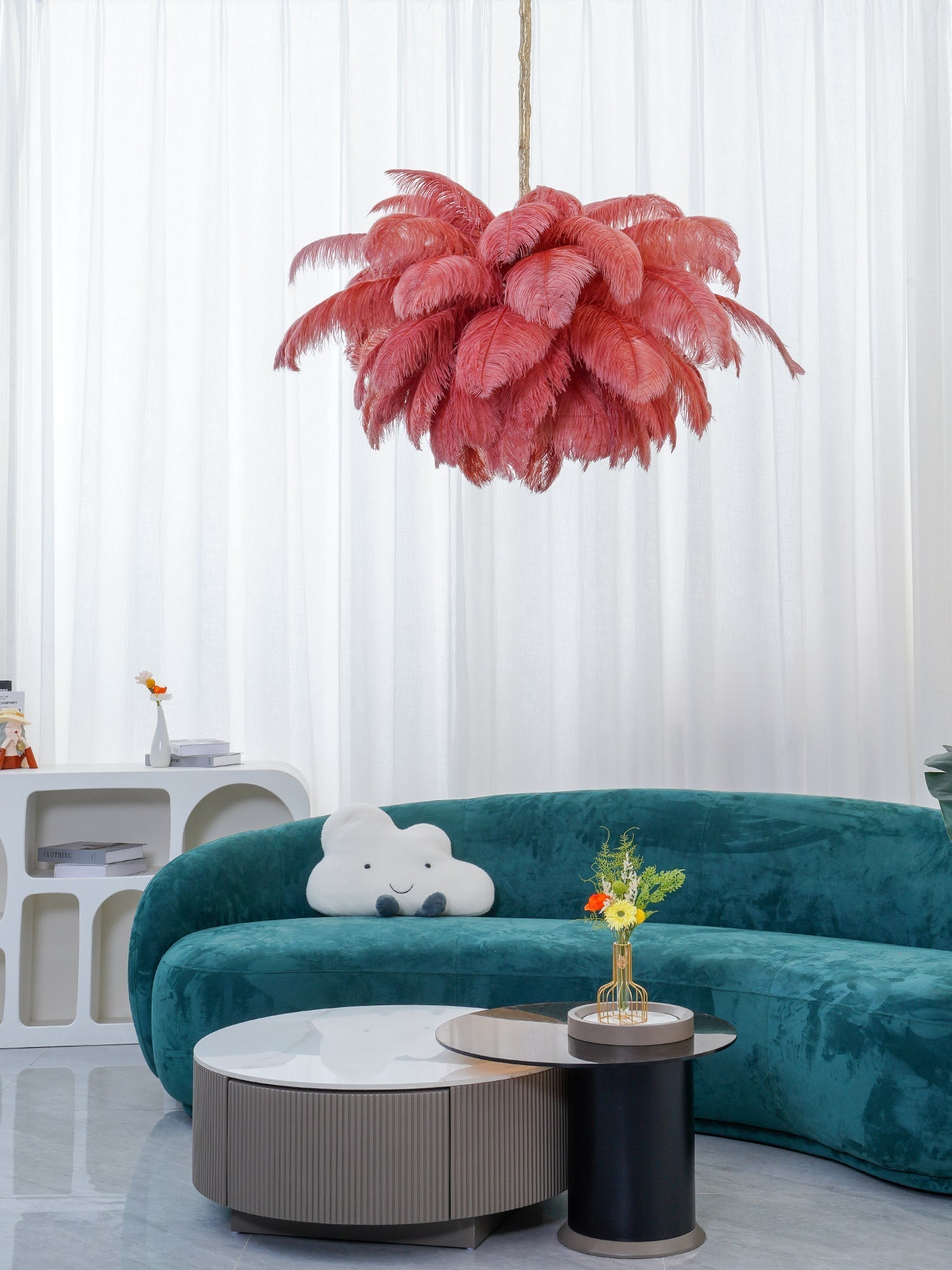 Lustra Chandelier Ostrich Feather Large Brass Stem - Letslighting