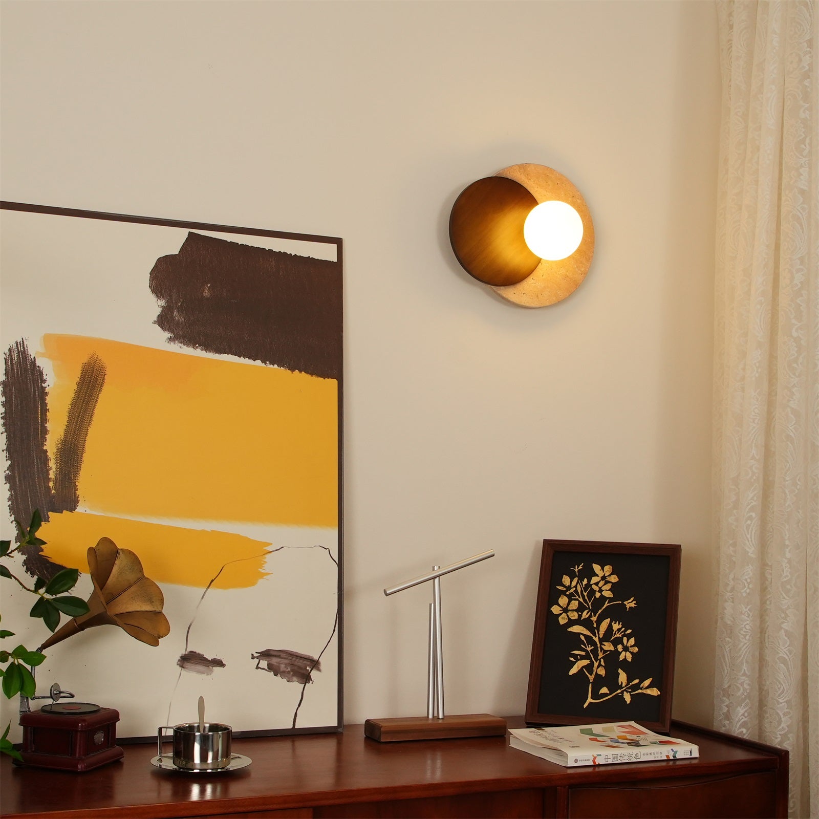 Wall Lamp Overlapping Travertine Disc Walnut Wood Scandinavian - Letslighting