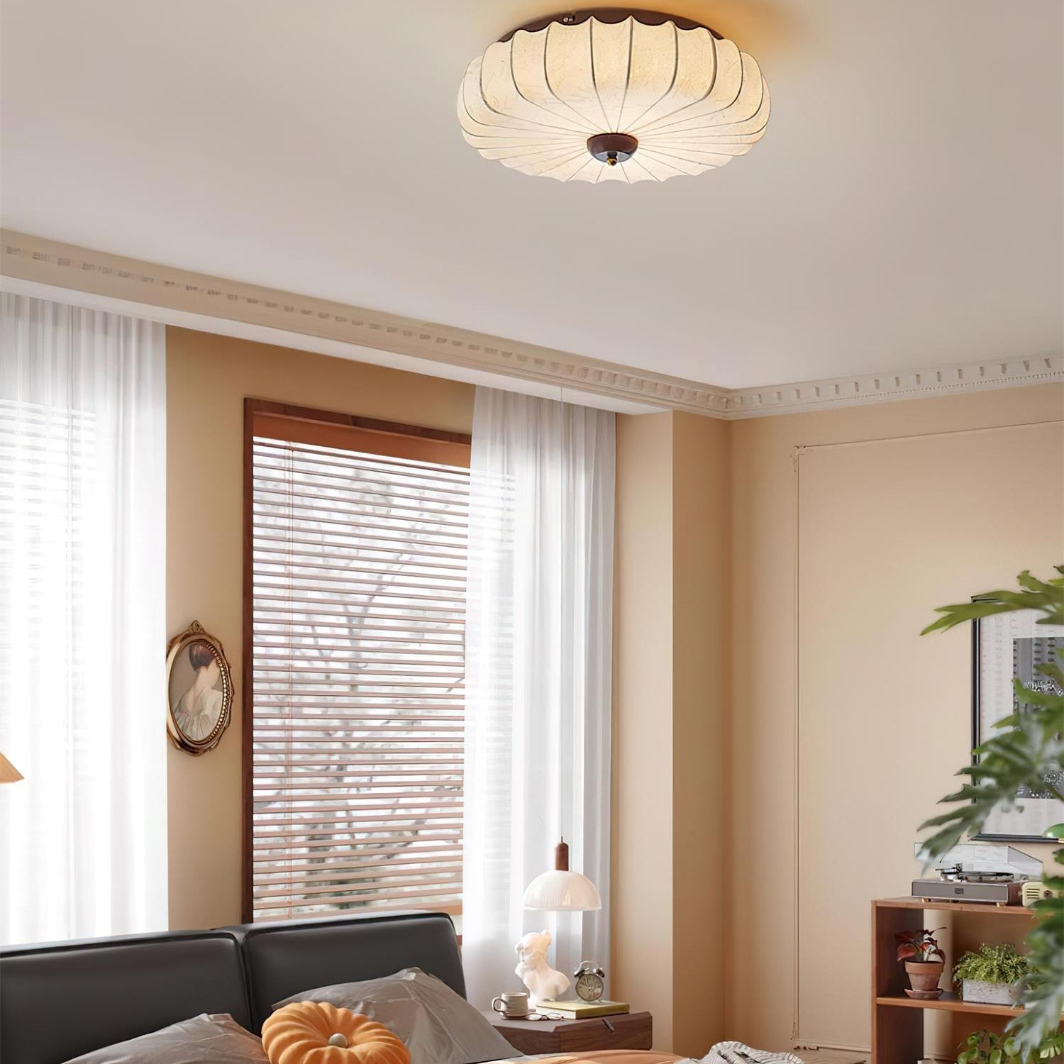 Ceiling Lamp Fabric Shade Pleated Lotus Shape Wooden Canopy - Letslighting