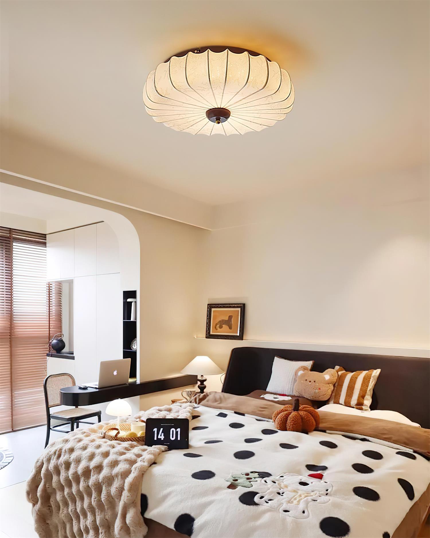 Ceiling Lamp Fabric Shade Pleated Lotus Shape Wooden Canopy - Letslighting