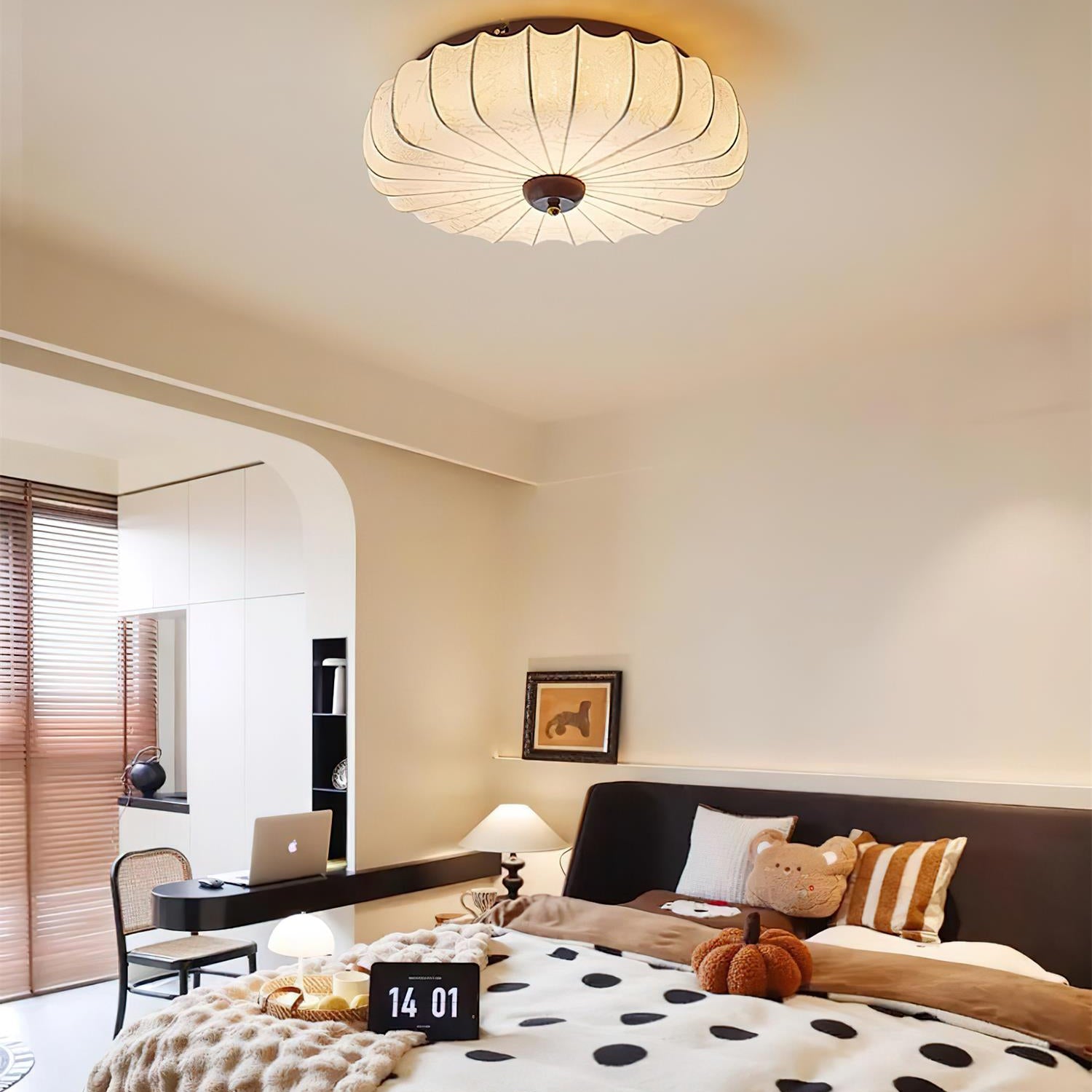 Ceiling Lamp Fabric Shade Pleated Lotus Shape Wooden Canopy - Letslighting
