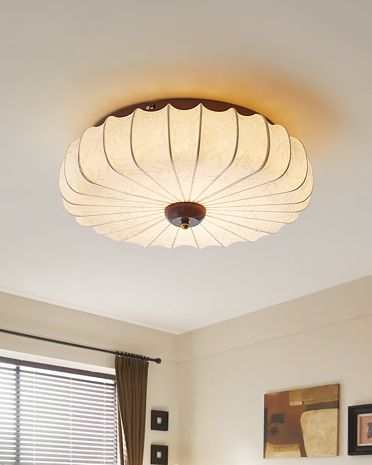Ceiling Lamp Fabric Shade Pleated Lotus Shape Wooden Canopy - Letslighting