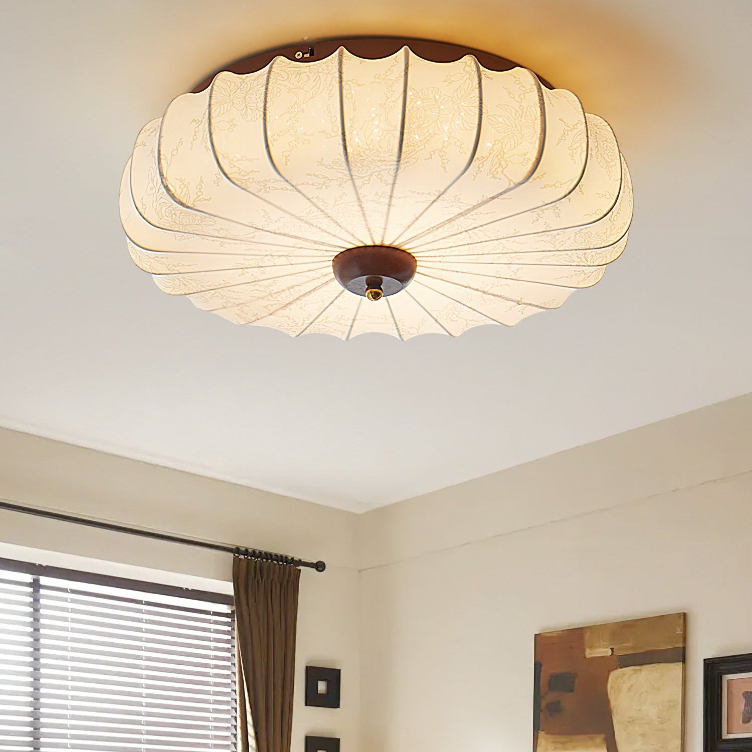 Ceiling Lamp Fabric Shade Pleated Lotus Shape Wooden Canopy - Letslighting