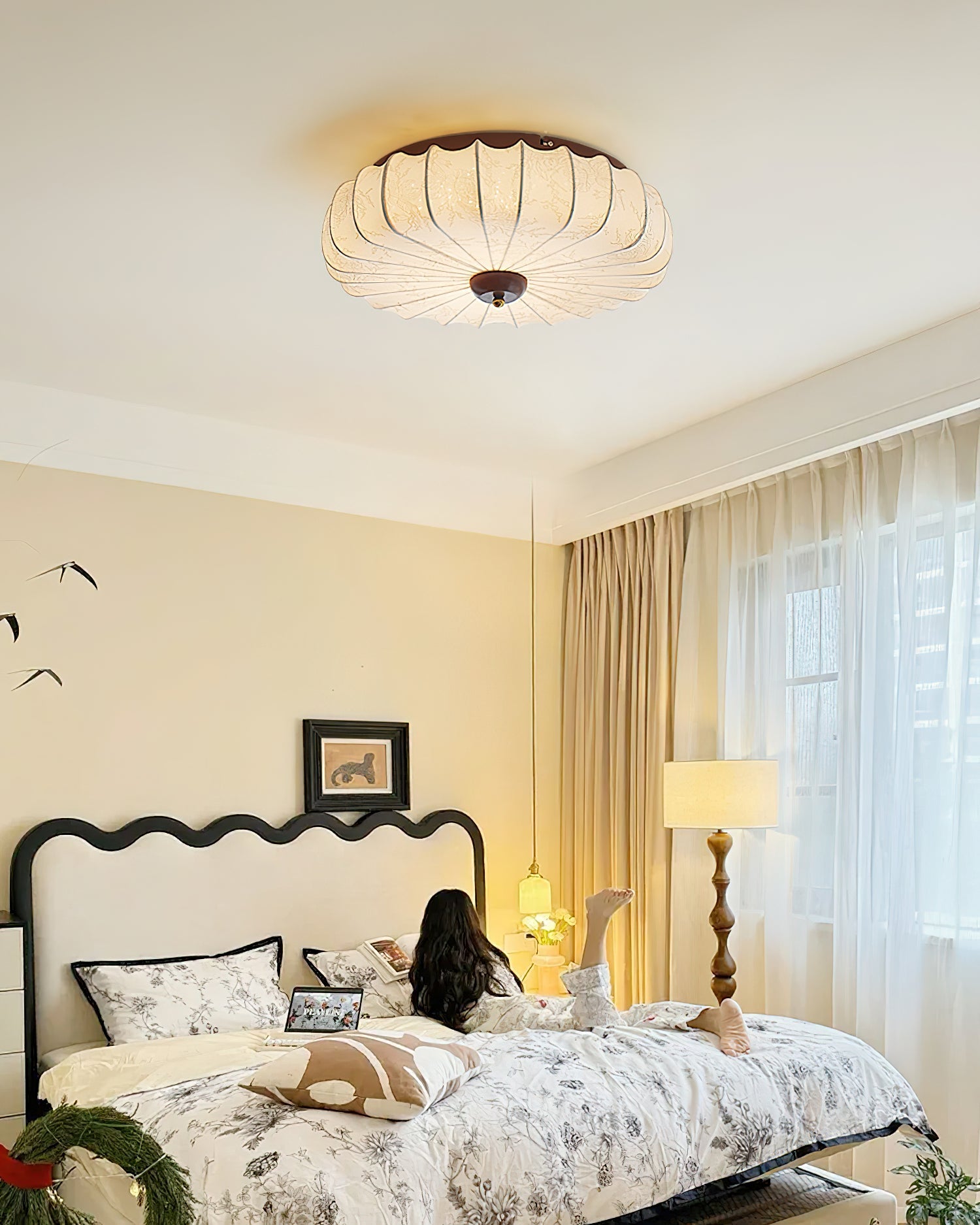 Ceiling Lamp Fabric Shade Pleated Lotus Shape Wooden Canopy - Letslighting