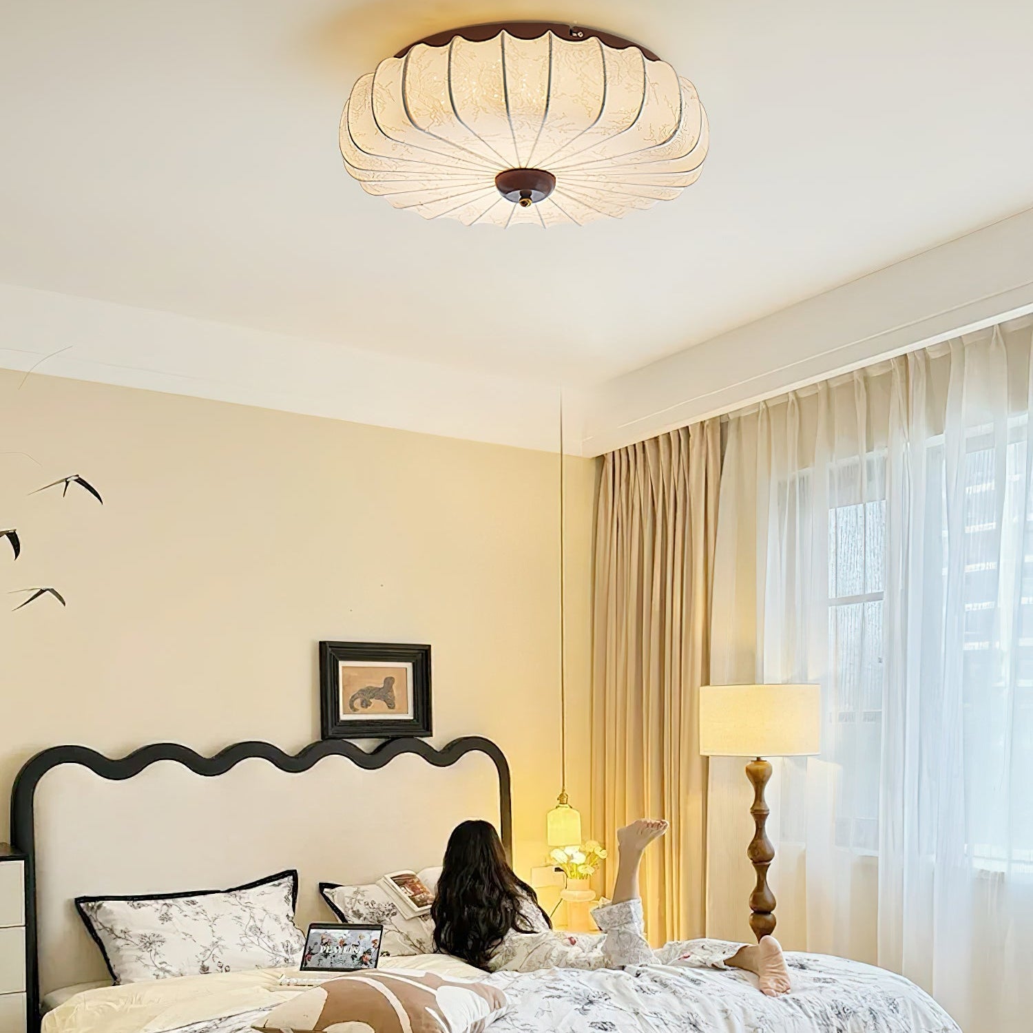 Ceiling Lamp Fabric Shade Pleated Lotus Shape Wooden Canopy - Letslighting