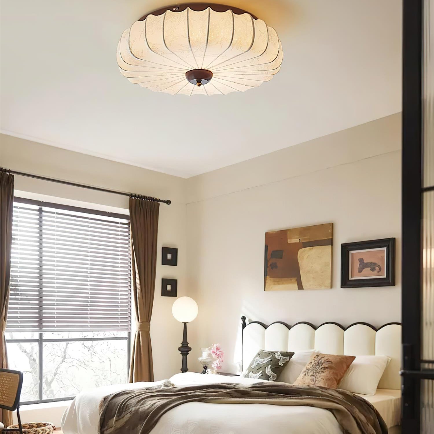 Ceiling Lamp Fabric Shade Pleated Lotus Shape Wooden Canopy - Letslighting