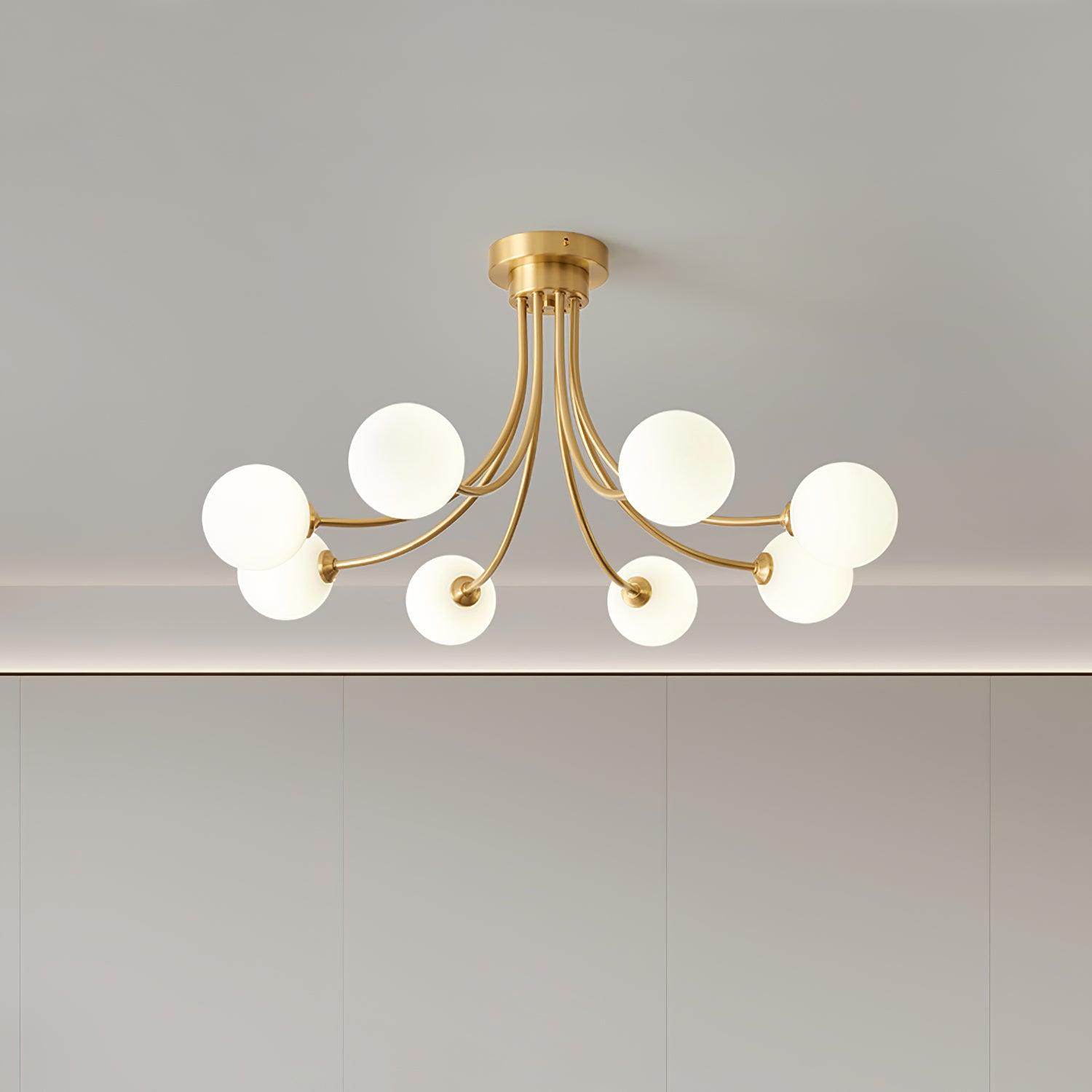 Ceiling Light Brass Branching Arms Opal Globe Shades Modern Elegant - Letslighting