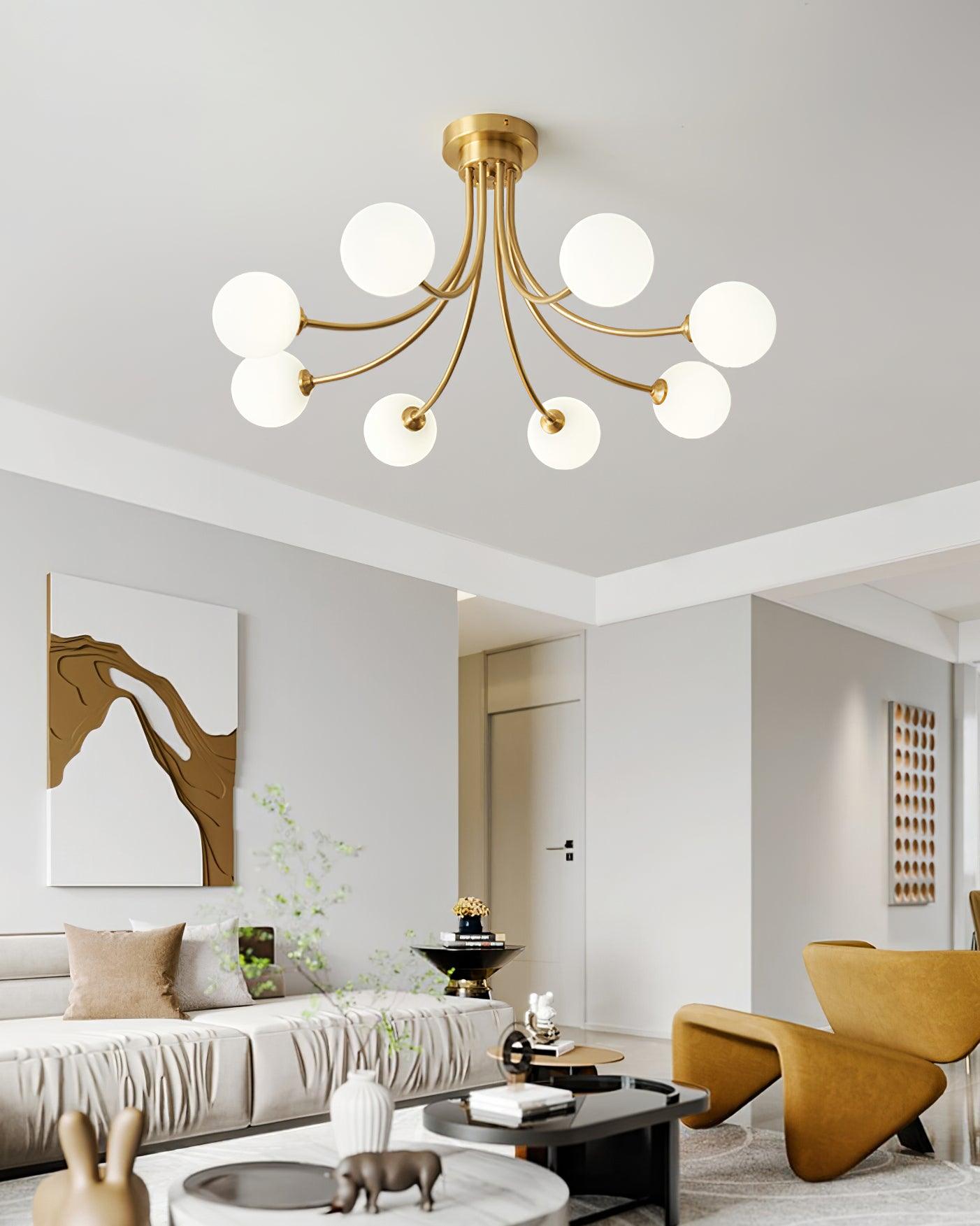 Ceiling Light Brass Branching Arms Opal Globe Shades Modern Elegant - Letslighting
