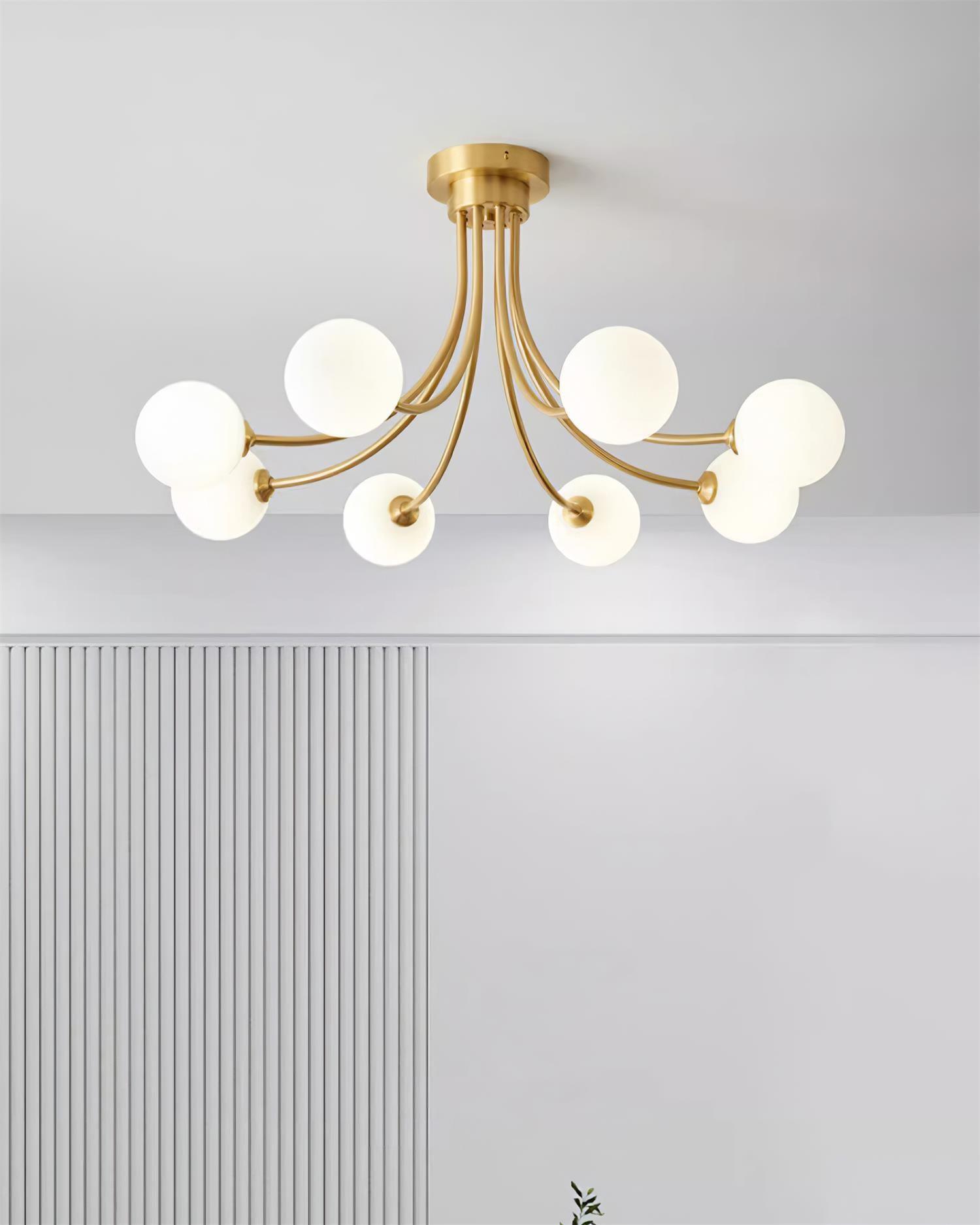 Ceiling Light Brass Branching Arms Opal Globe Shades Modern Elegant - Letslighting