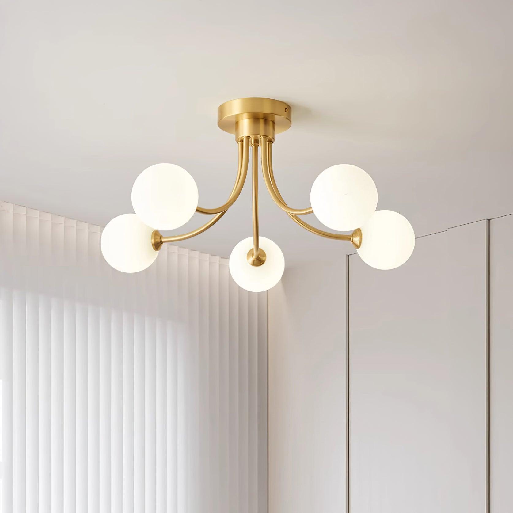 Ceiling Light Brass Branching Arms Opal Globe Shades Modern Elegant - Letslighting