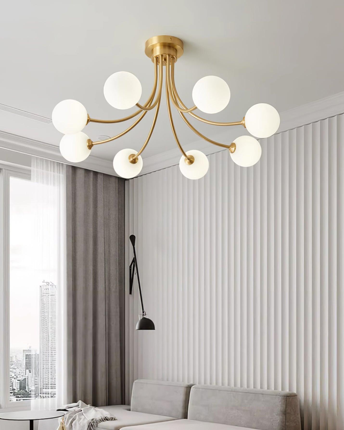 Ceiling Light Brass Branching Arms Opal Globe Shades Modern Elegant - Letslighting