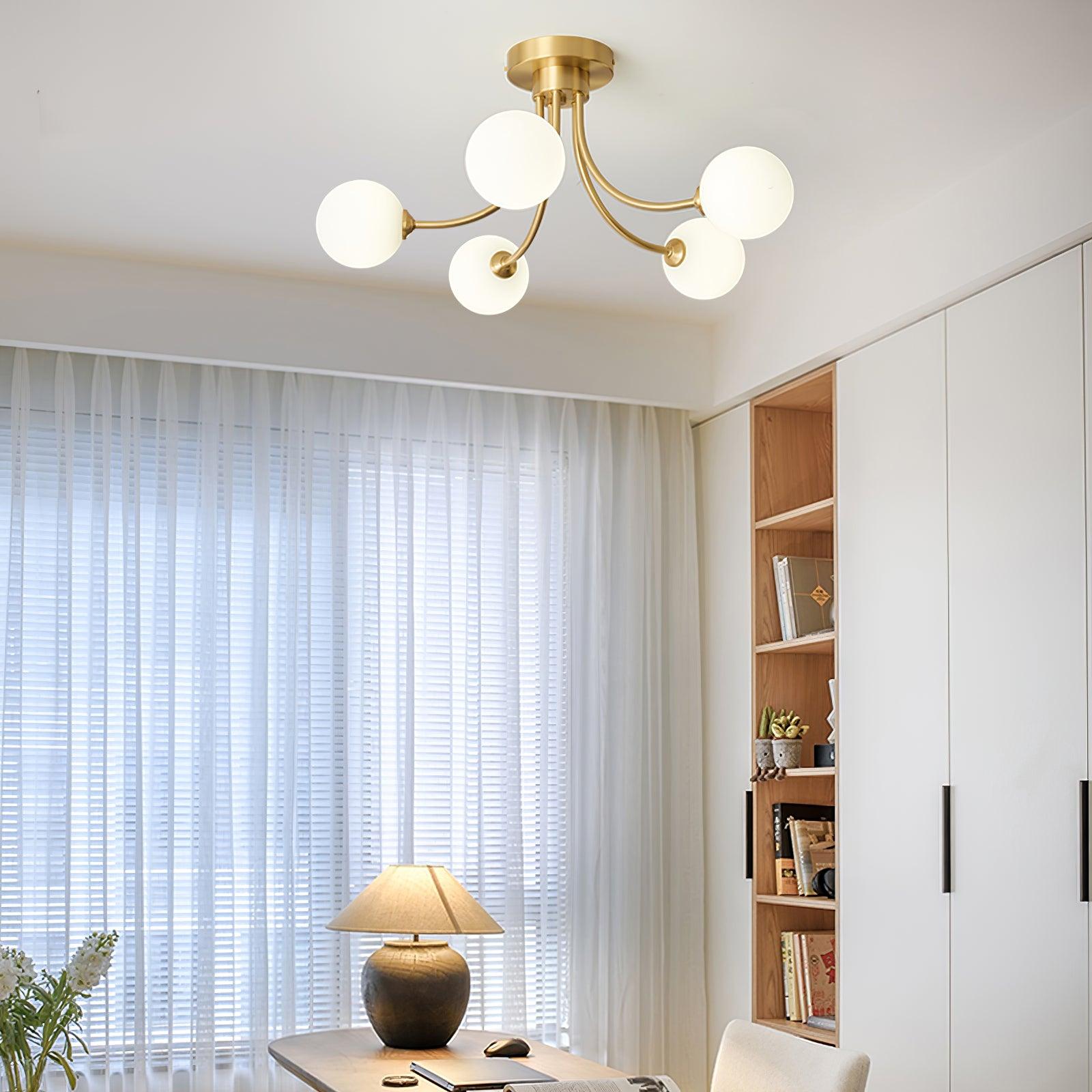 Ceiling Light Brass Branching Arms Opal Globe Shades Modern Elegant - Letslighting