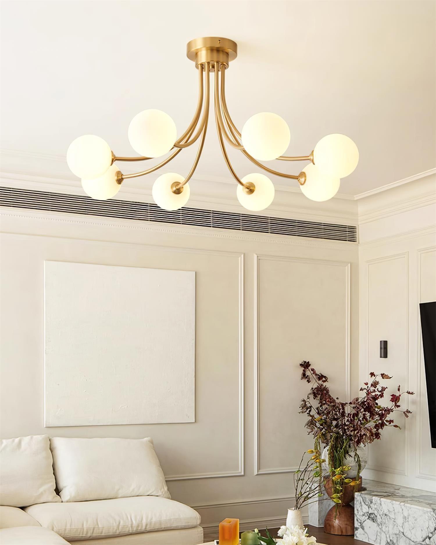Ceiling Light Brass Branching Arms Opal Globe Shades Modern Elegant - Letslighting