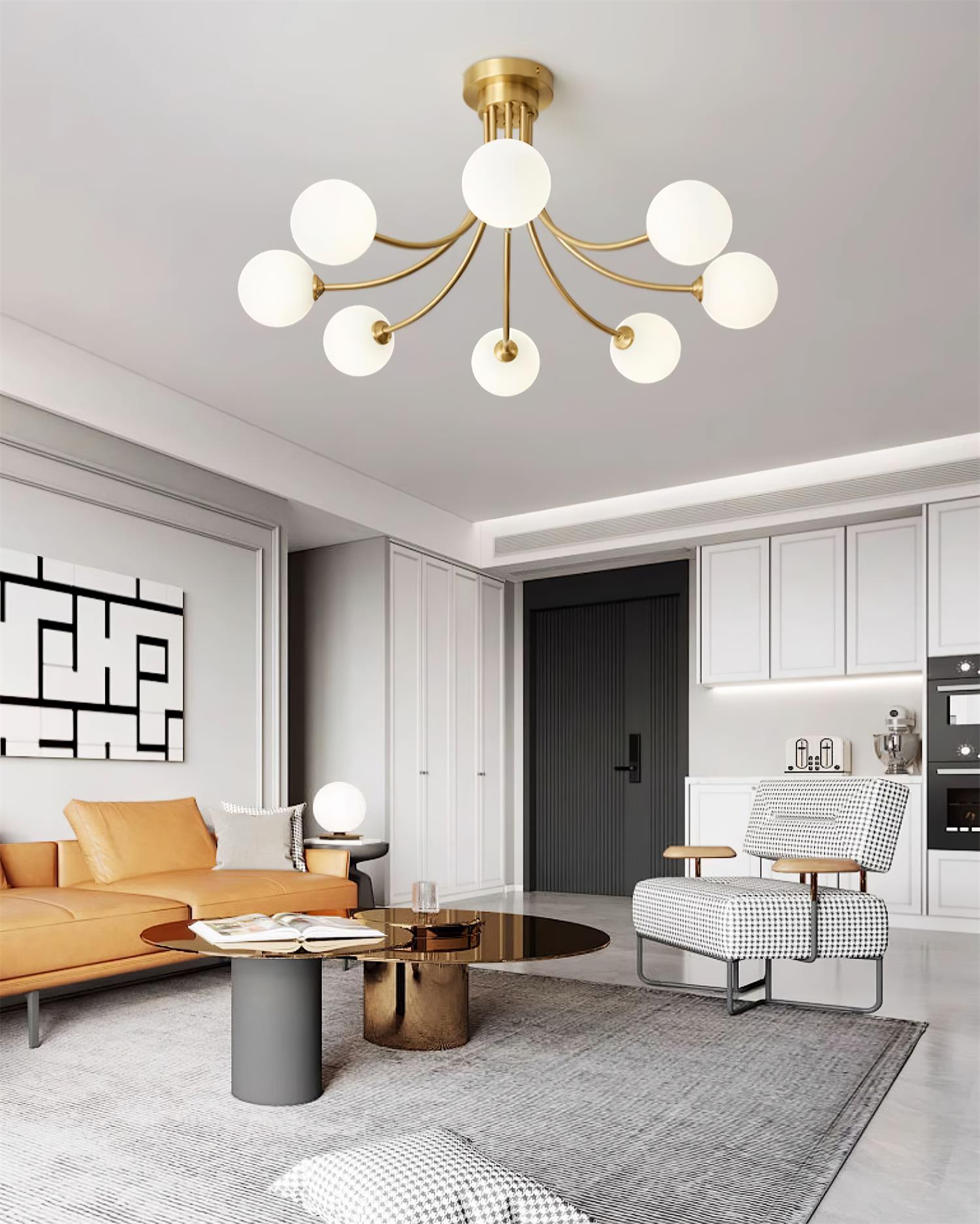 Ceiling Light Brass Branching Arms Opal Globe Shades Modern Elegant - Letslighting