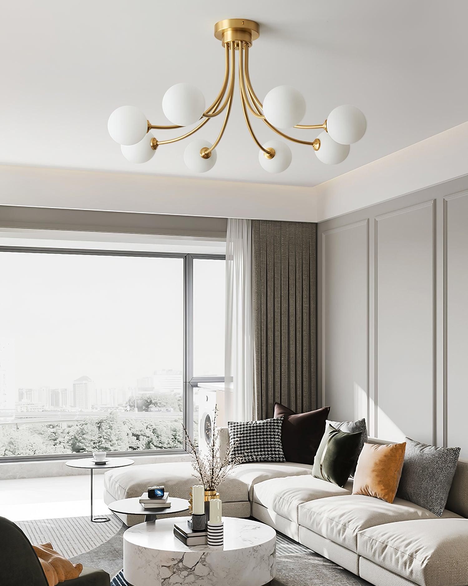 Ceiling Light Brass Branching Arms Opal Globe Shades Modern Elegant - Letslighting
