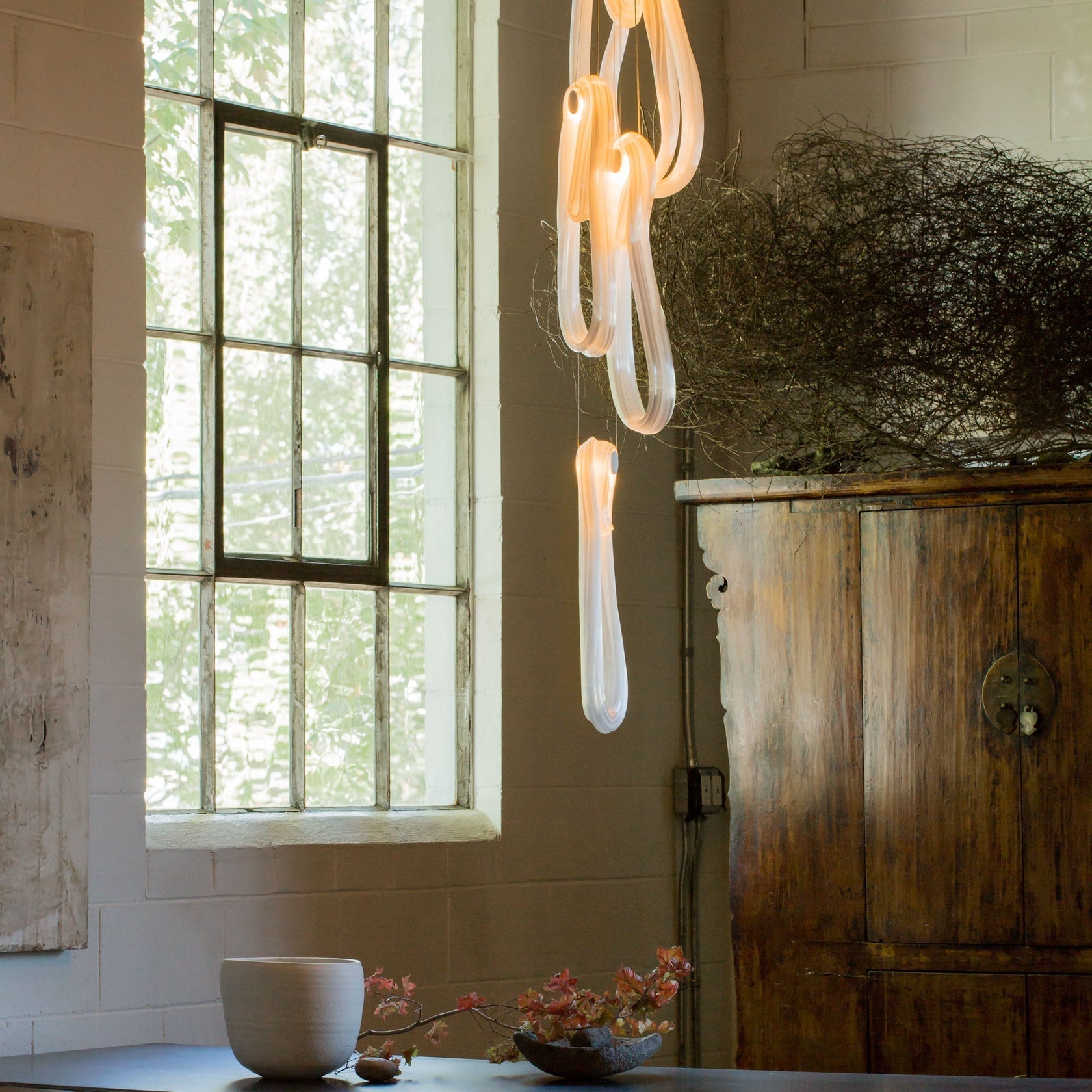 Pearlescent Modern Metal & Glass Chandelier
