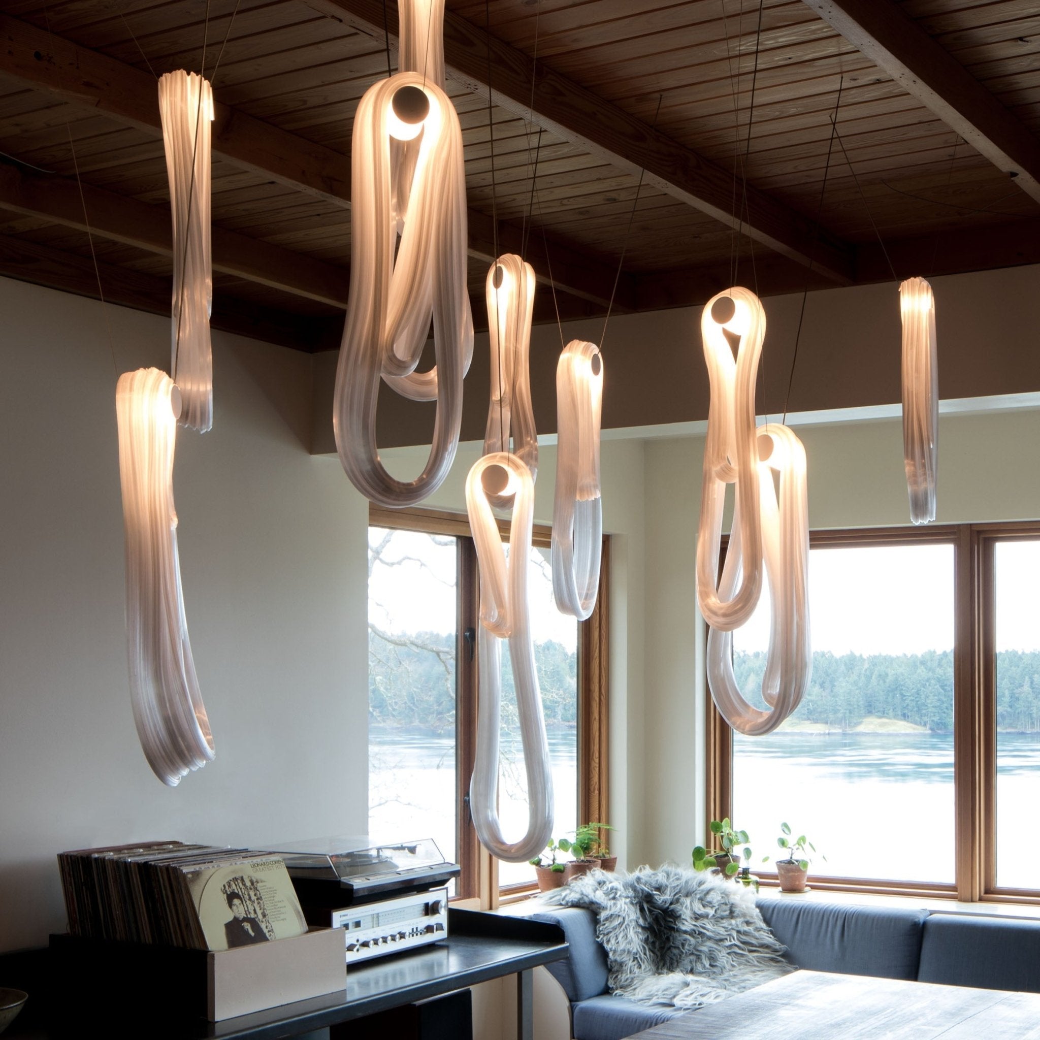 Pearlescent Modern Metal & Glass Chandelier