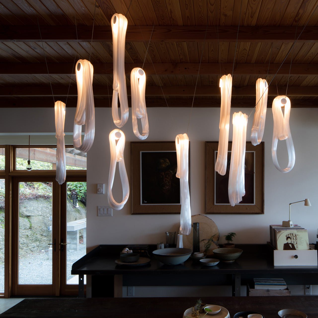 Pearlescent Modern Metal & Glass Chandelier