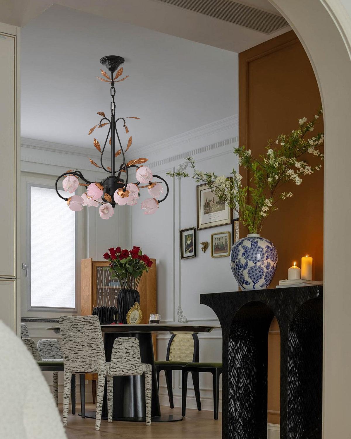 Avelora Vintage Industrial Tulip Pink Glass Chandelier - Letslighting
