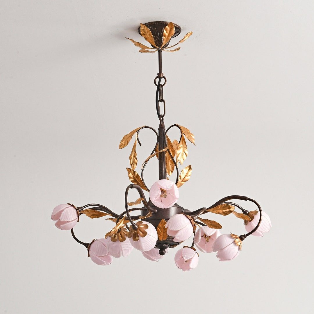 Avelora Vintage Industrial Tulip Pink Glass Chandelier - Letslighting