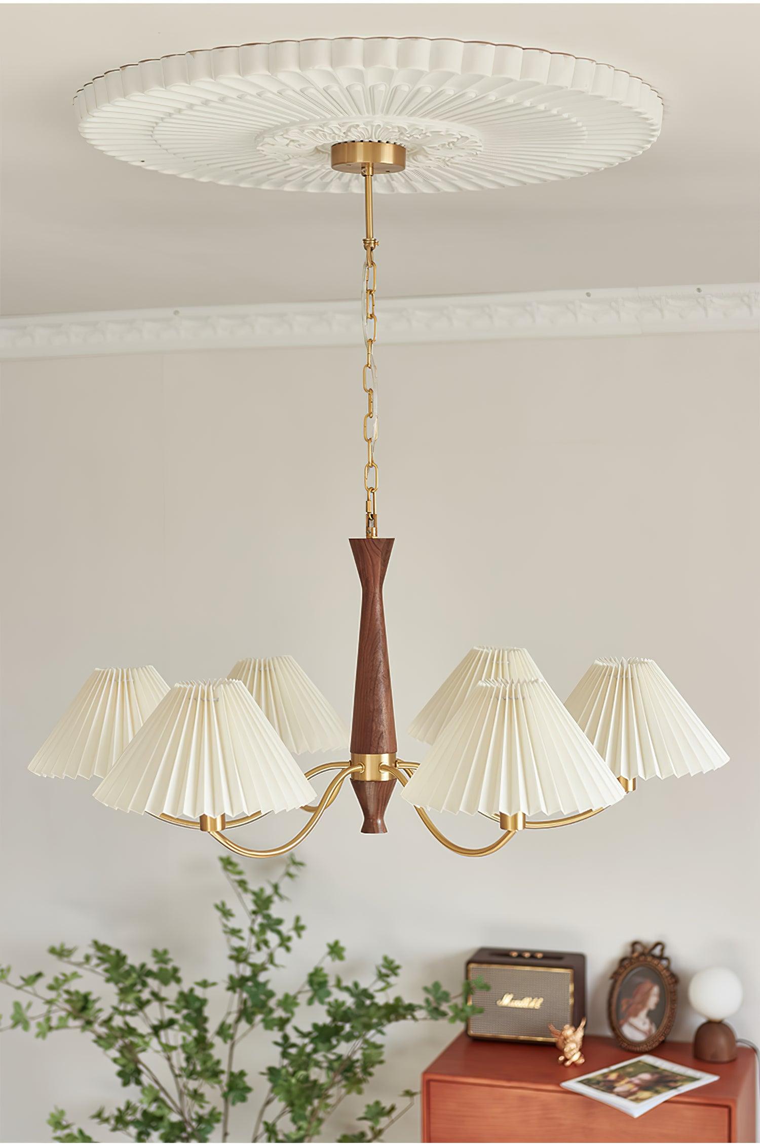 Lustra Chandelier Pleated with White Lampshades Mid-Century - Letslighting