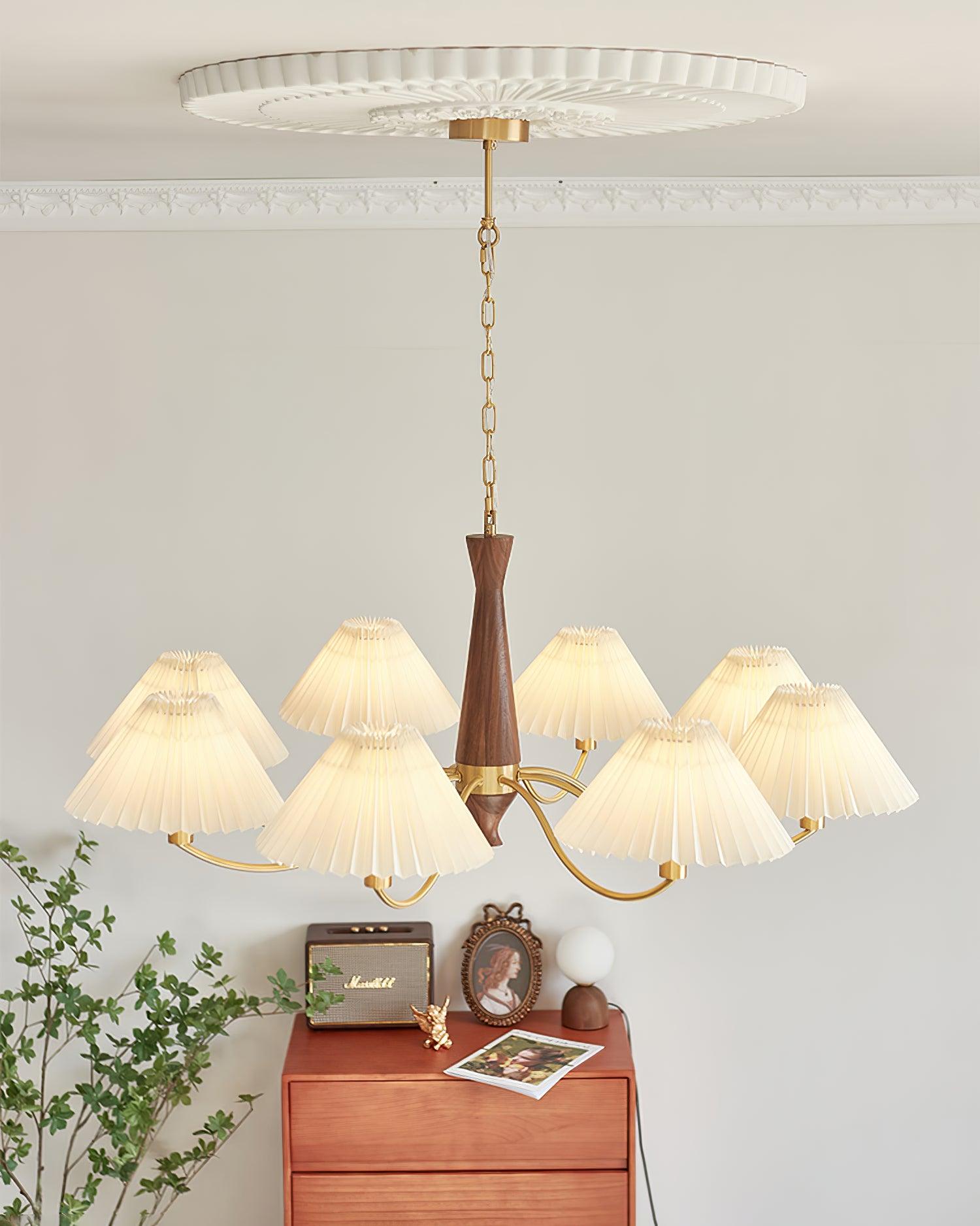 Lustra Chandelier Pleated with White Lampshades Mid-Century - Letslighting