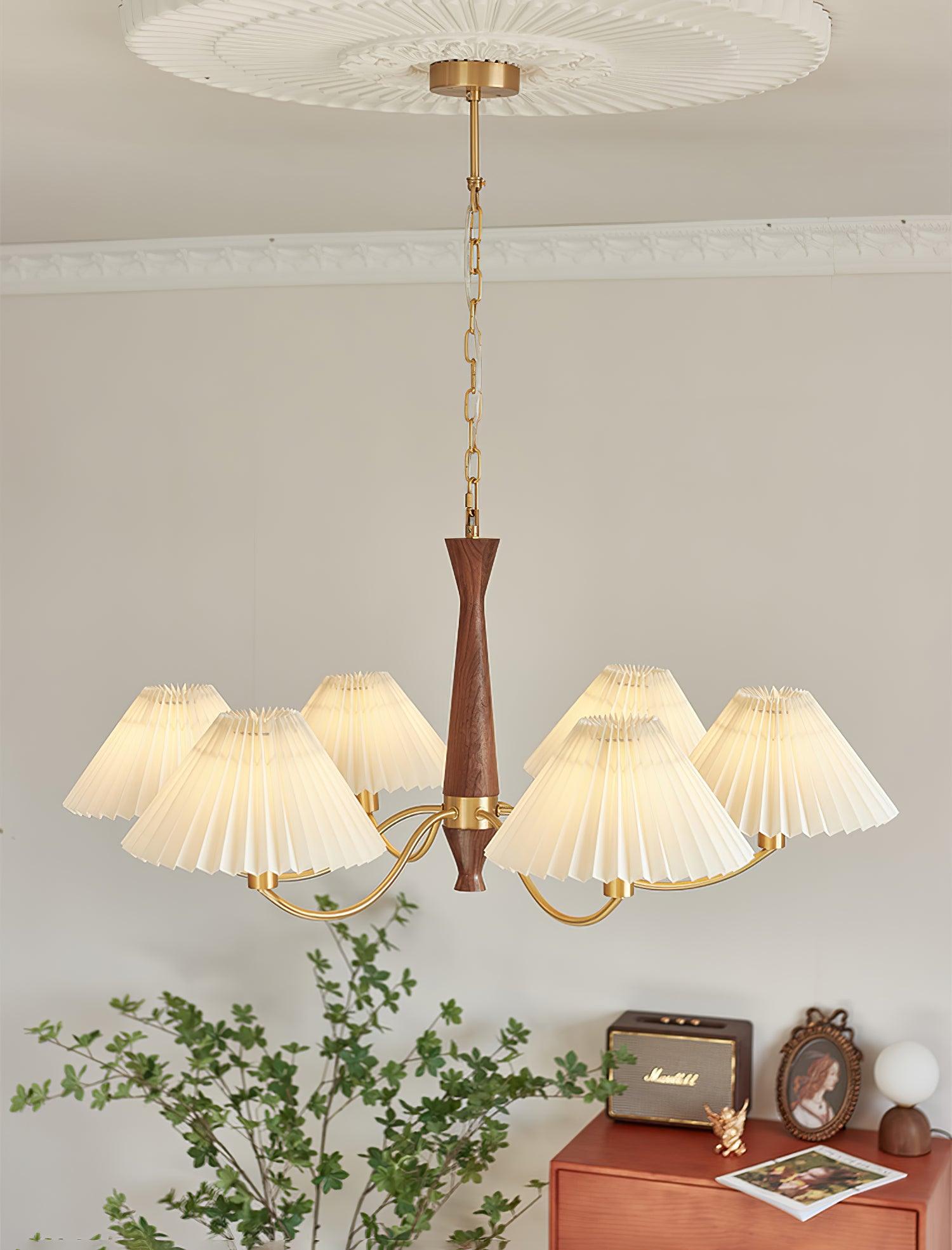 Lustra Chandelier Pleated with White Lampshades Mid-Century - Letslighting
