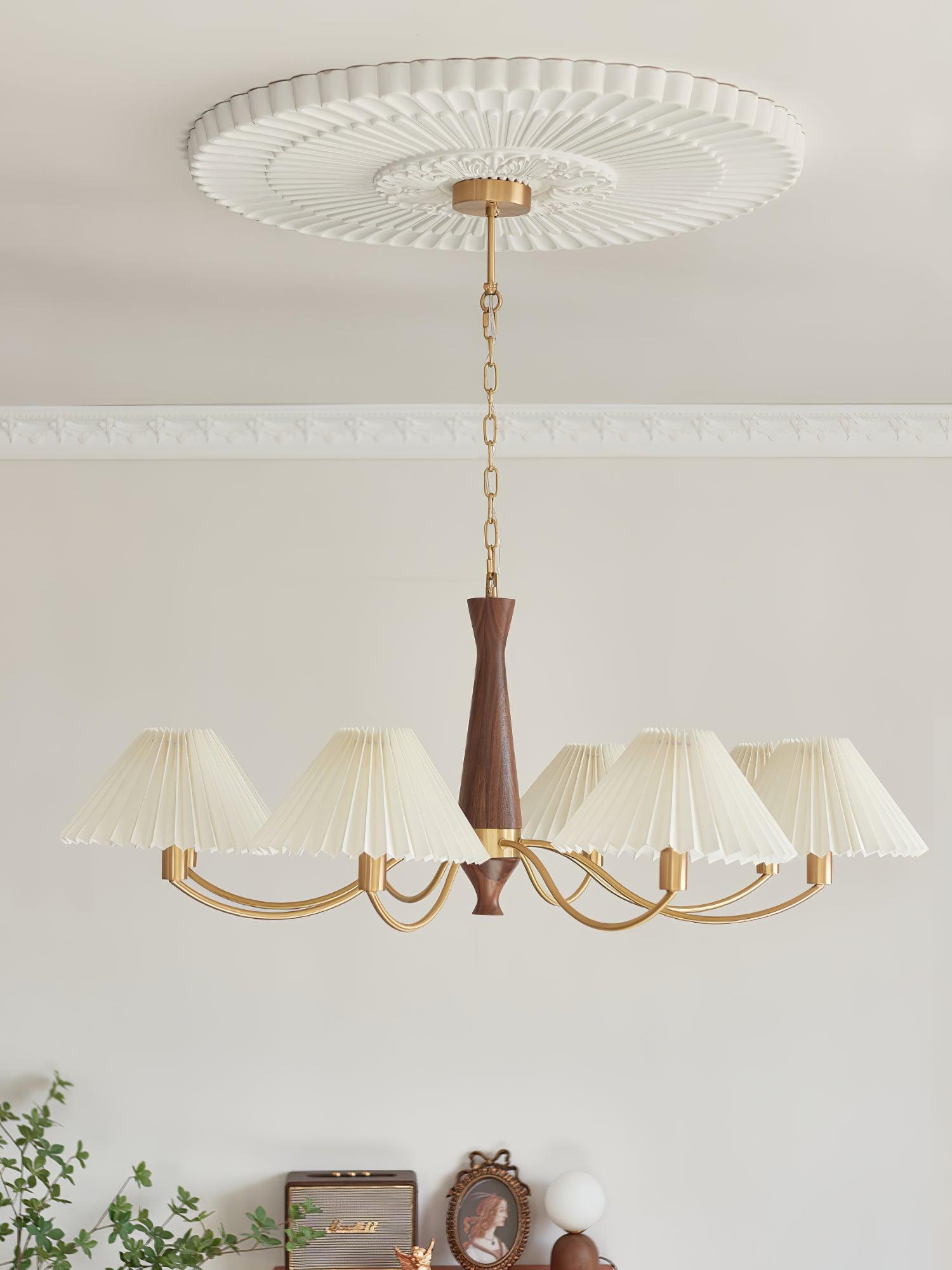 Lustra Chandelier Pleated with White Lampshades Mid-Century - Letslighting