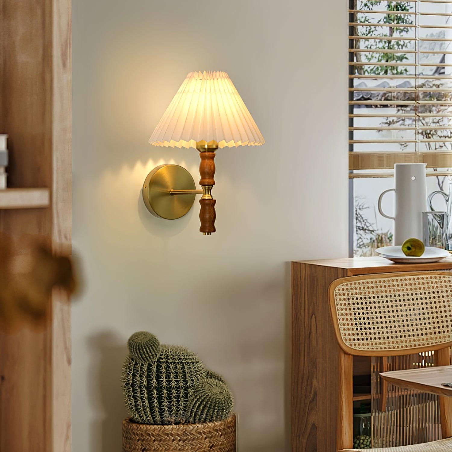 Ernest Vintage Industrial Pleated Walnut Fabric Wall Light - Letslighting