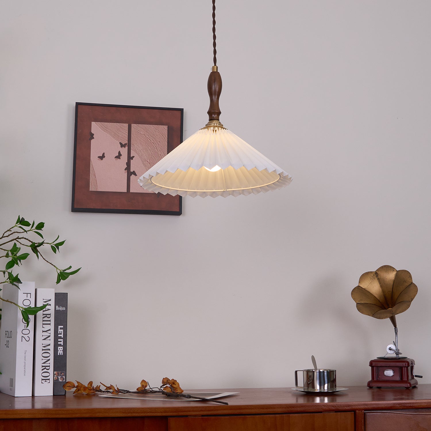 Eldora Pleated Shade Plug-In Pendant Light with Wooden Accent - Letslighting