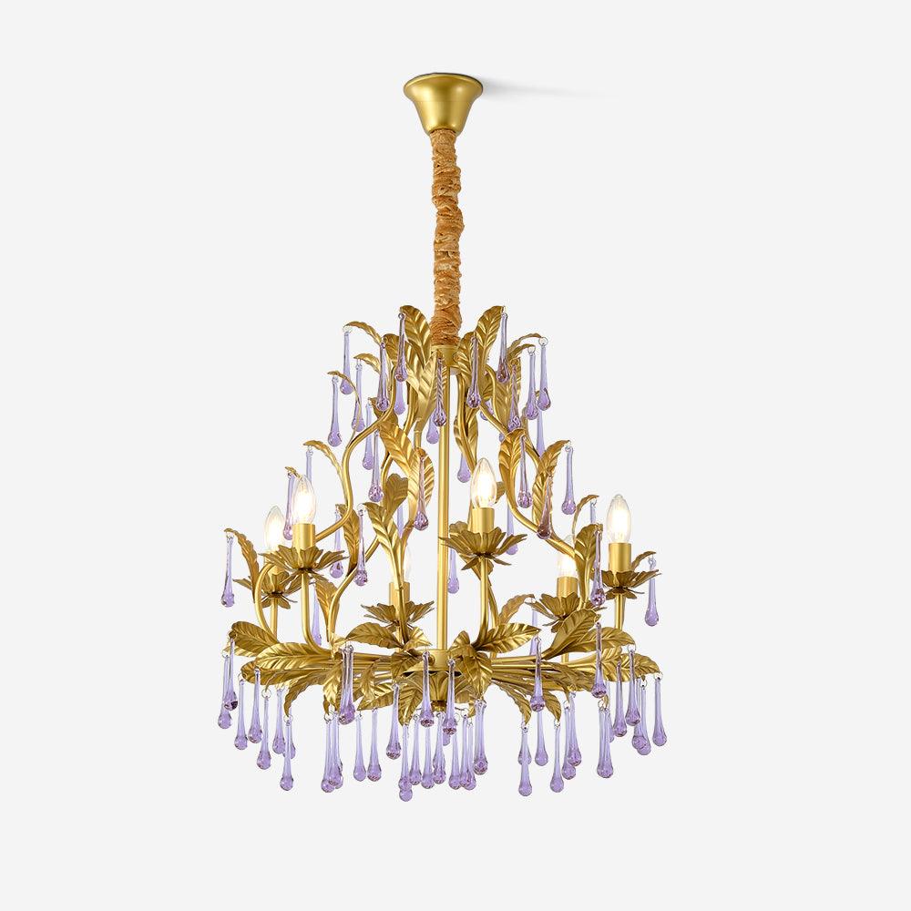 Murano Chandelier Purple Crystal Droplets Gold Leaves - Letslighting