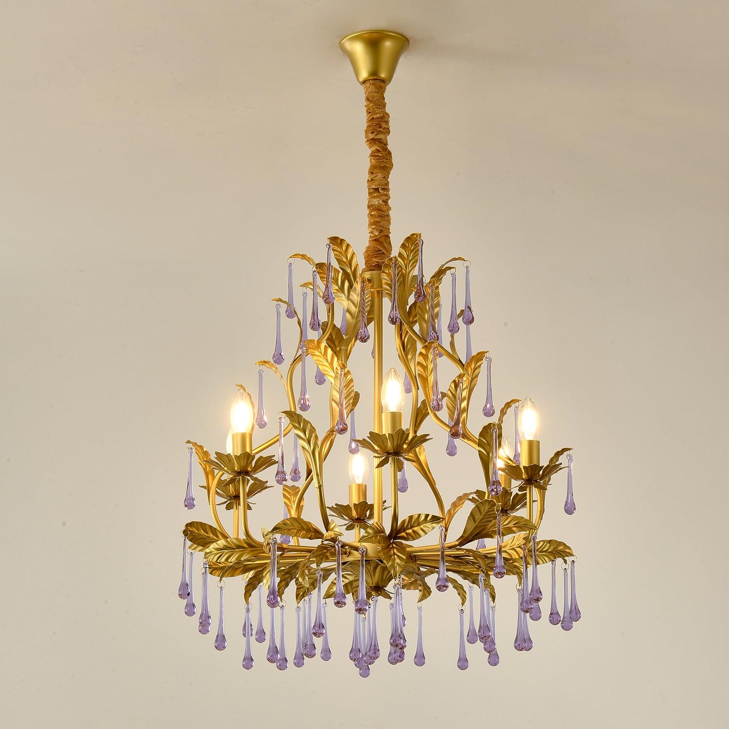 Murano Chandelier Purple Crystal Droplets Gold Leaves - Letslighting