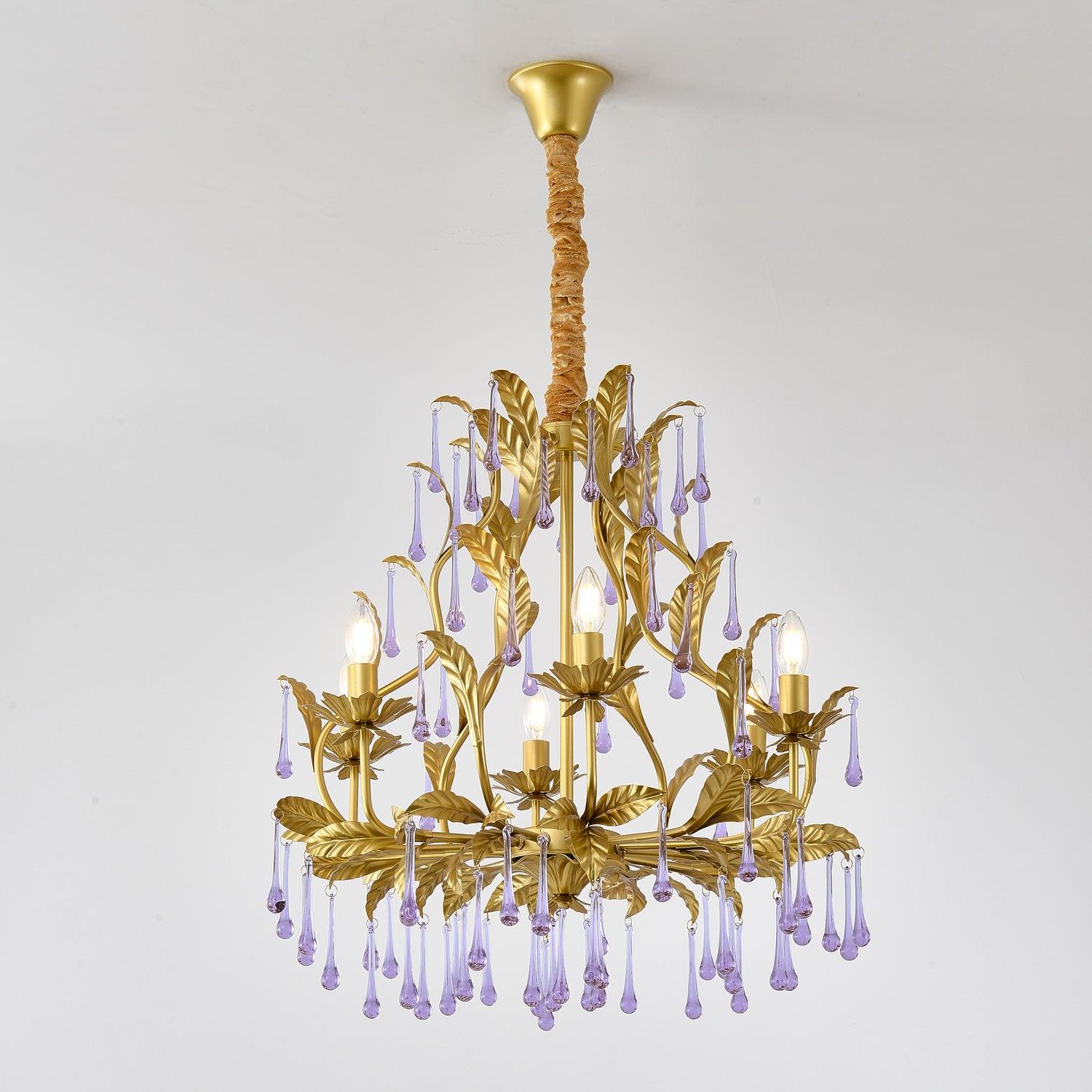 Murano Chandelier Purple Crystal Droplets Gold Leaves - Letslighting