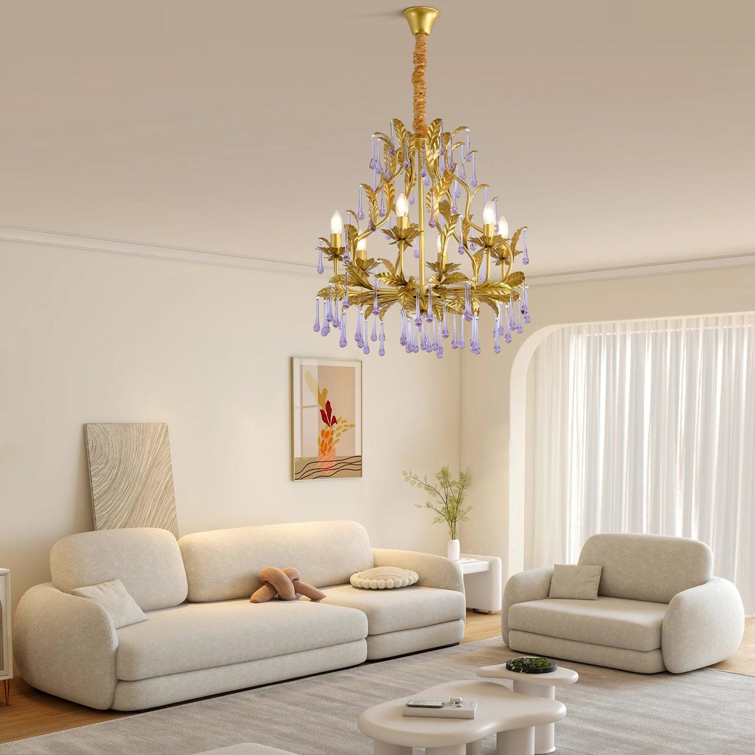Murano Chandelier Purple Crystal Droplets Gold Leaves - Letslighting