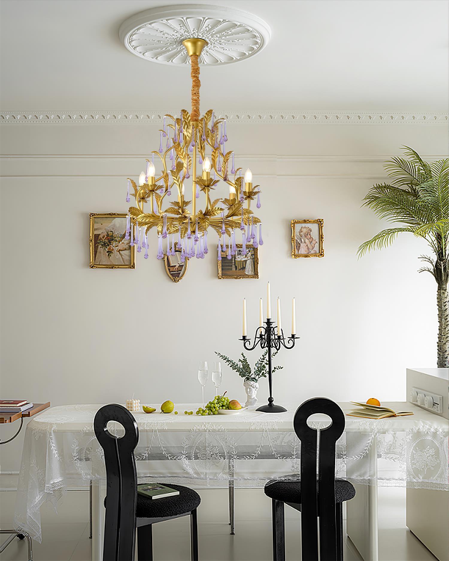 Murano Chandelier Purple Crystal Droplets Gold Leaves - Letslighting