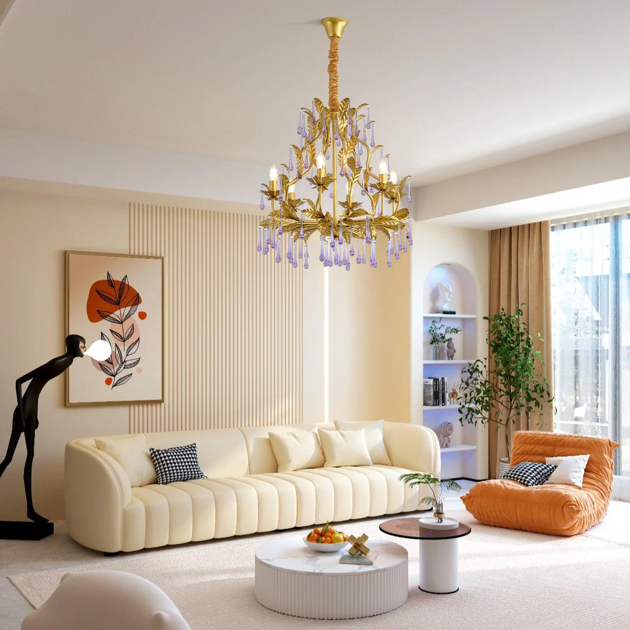 Murano Chandelier Purple Crystal Droplets Gold Leaves - Letslighting
