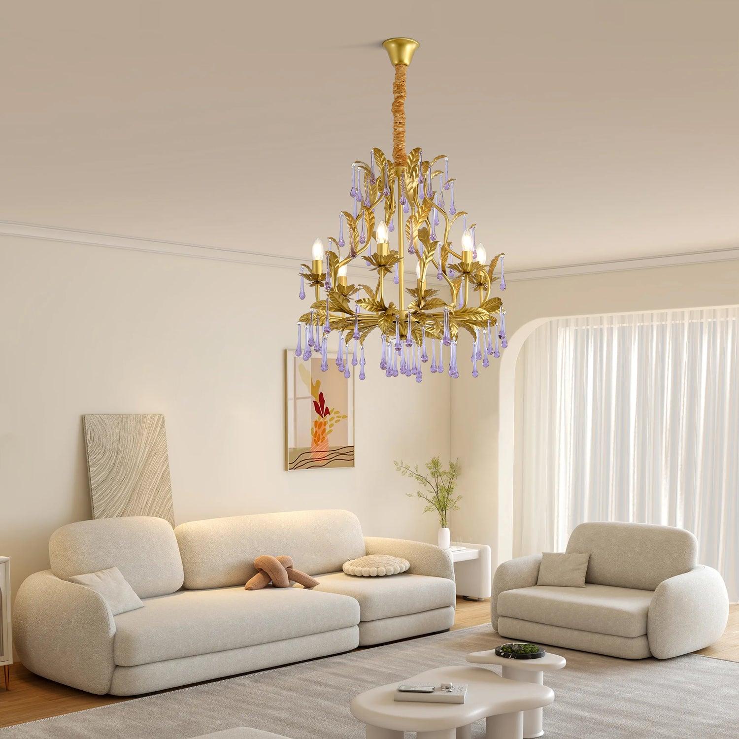 Murano Chandelier Purple Crystal Droplets Gold Leaves - Letslighting